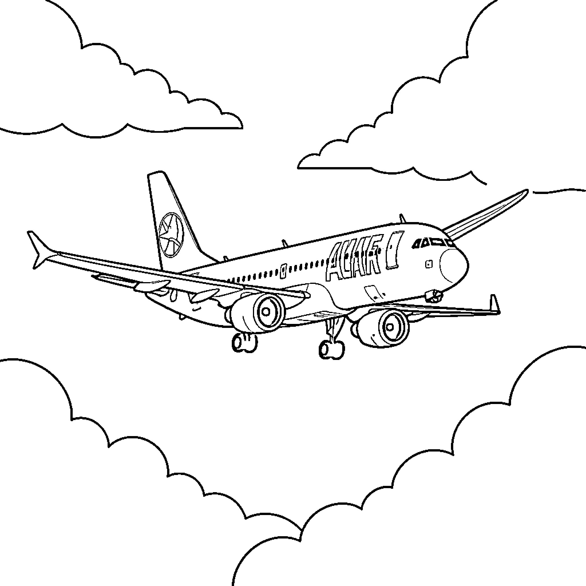 Airbus airplane flying through white fluffy clouds Coloring Page (free black-and-white line drawing printable PDF for all, from beginners to advanced learners, including children, teens, adults, and seniors)