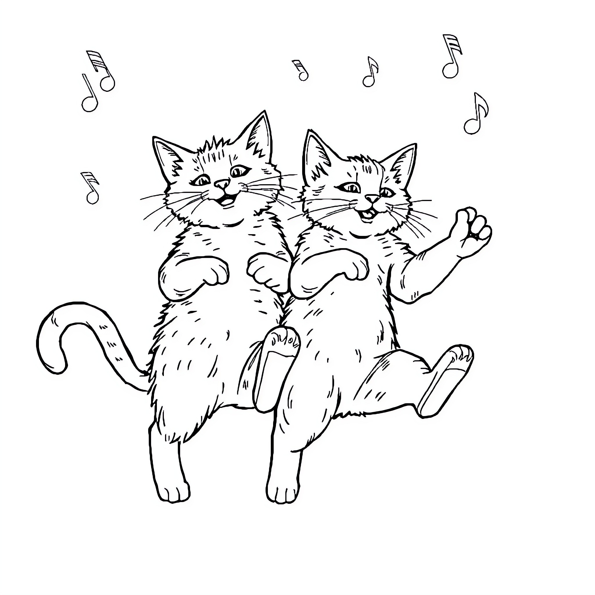 Cat Kittens Singing and Dancing with Music Notes Coloring Page (free black-and-white line drawing printable PDF for all, from beginners to advanced learners, including children, teens, adults, and seniors)