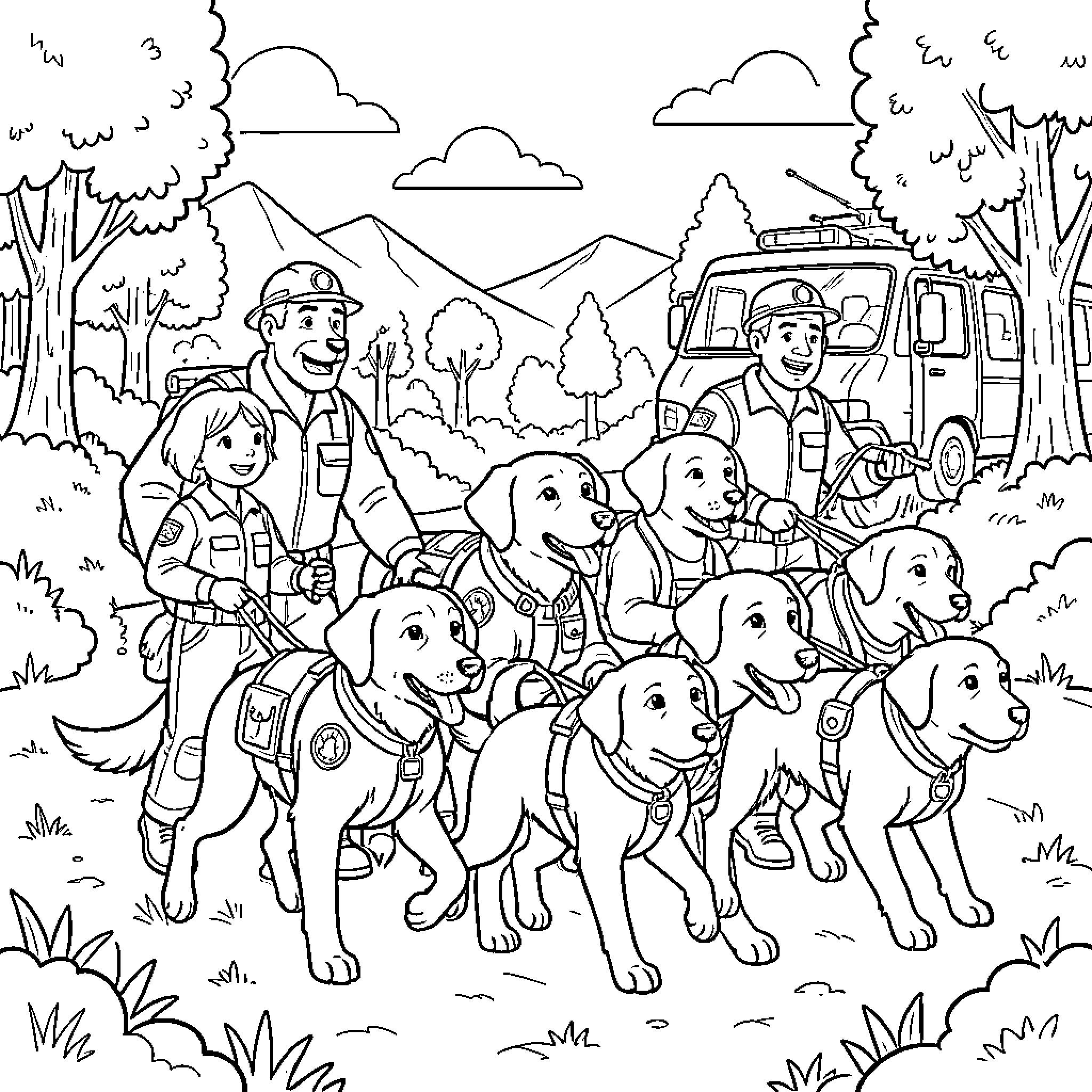 Paw Patrol pups and team members on an adventure Coloring Page (free black-and-white line drawing printable PDF for all, from beginners to advanced learners, including children, teens, adults, and seniors)