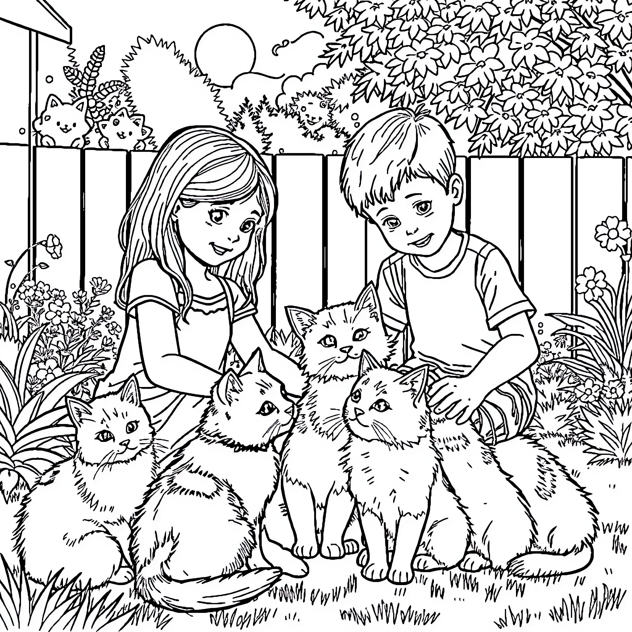 Cat and Children Playing in the Garden Coloring Page (free black-and-white line drawing printable PDF for all, from beginners to advanced learners, including children, teens, adults, and seniors)