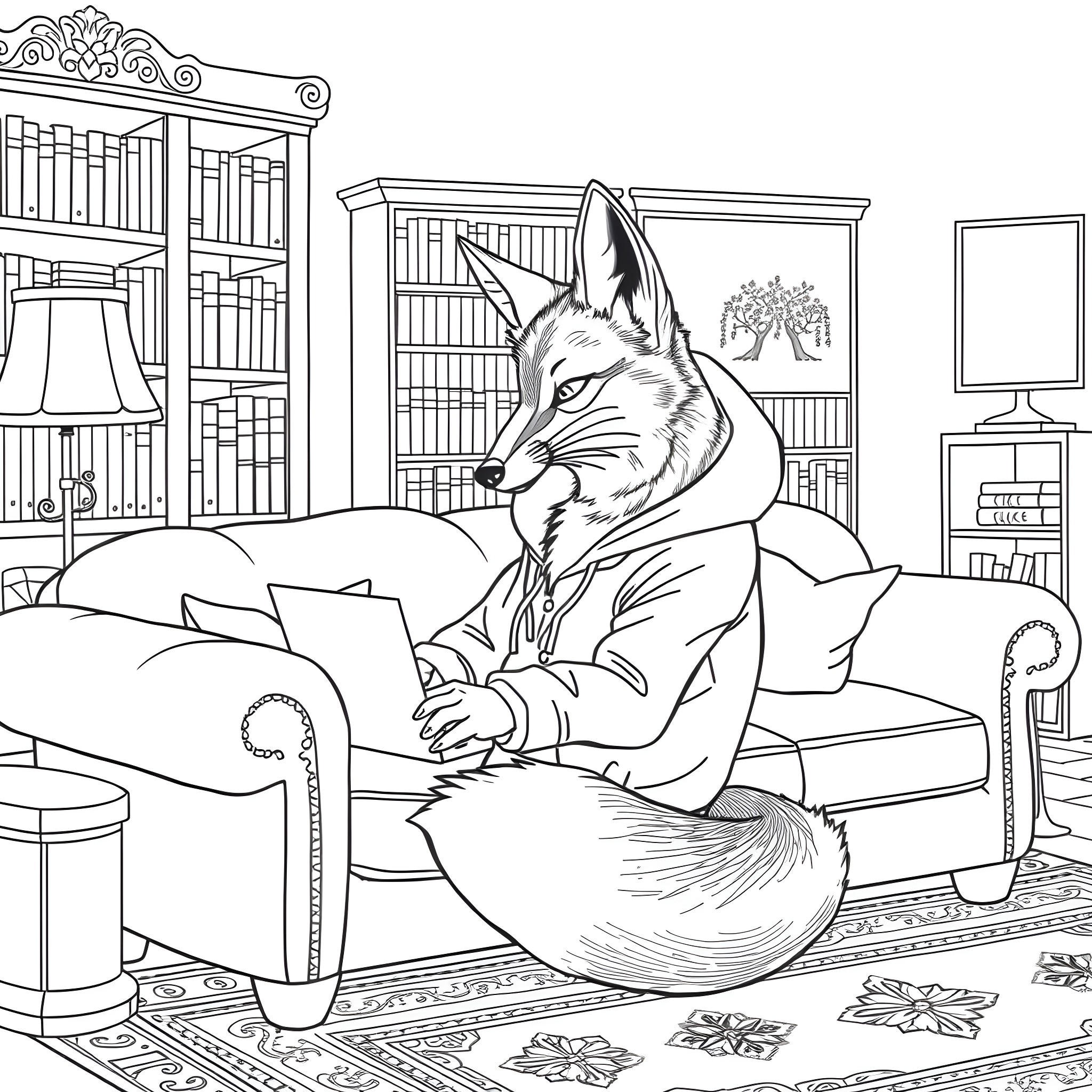 Fox enjoying a cozy day at home Coloring Page (free black-and-white line drawing printable PDF for all, from beginners to advanced learners, including children, teens, adults, and seniors)