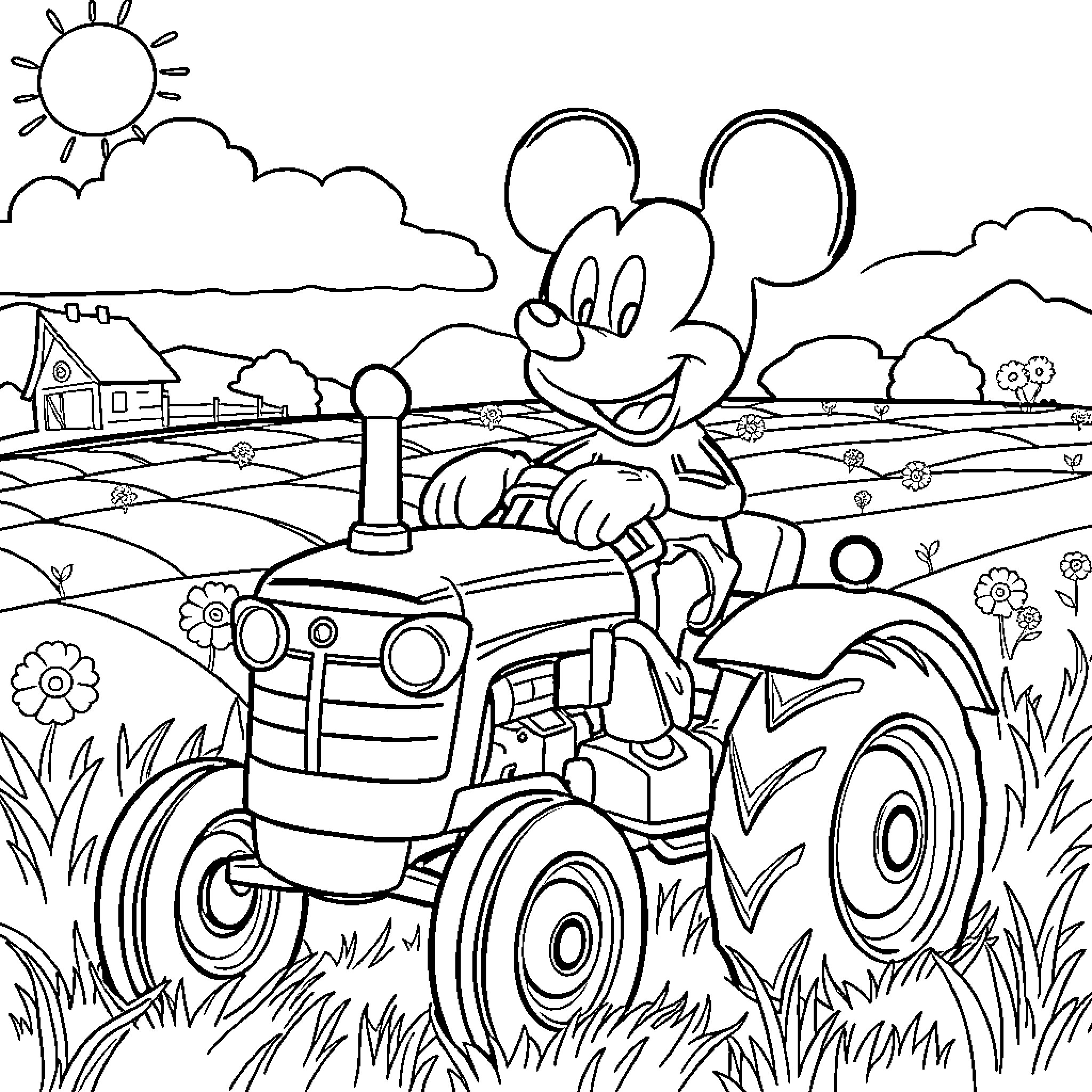 Mickey Mouse driving a tractor on a countryside farm Coloring Page (free black-and-white line drawing printable PDF for all, from beginners to advanced learners, including children, teens, adults, and seniors)