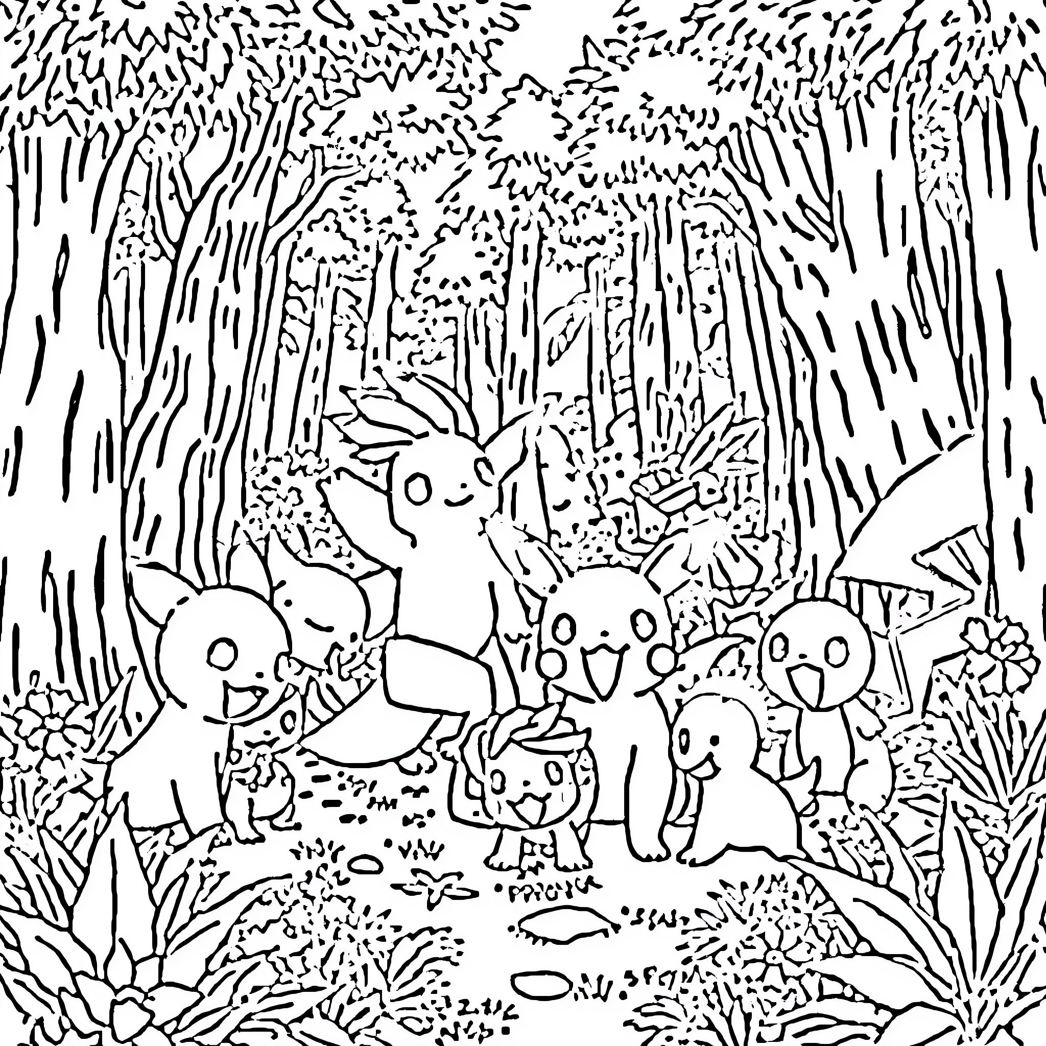 Pokémon characters in a magical forest scene Coloring Page (free black-and-white line drawing printable PDF for all, from beginners to advanced learners, including children, teens, adults, and seniors)