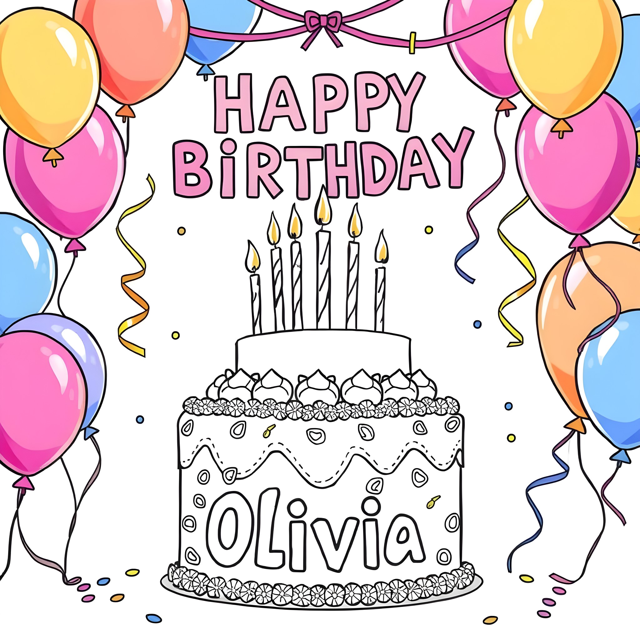 Birthday Cake with Colorful Balloons and Decorations Coloring Page (free black-and-white line drawing printable PDF for all, from beginners to advanced learners, including children, teens, adults, and seniors)