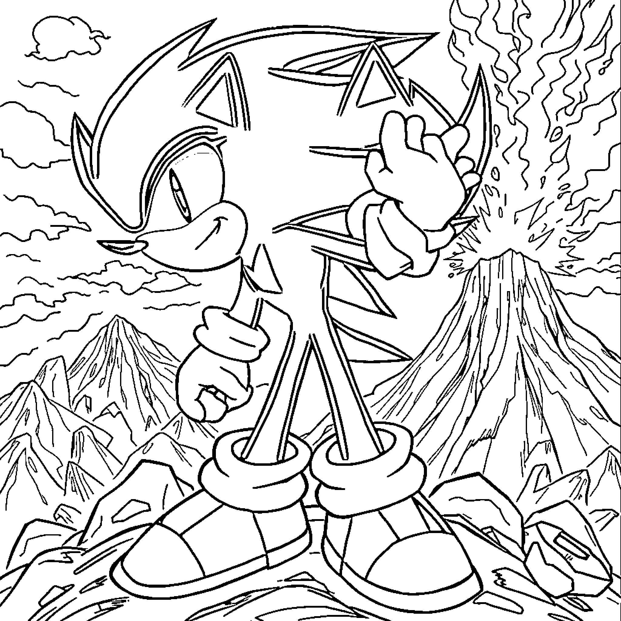 Shadow Sonic's Heroic Adventure Coloring Page (free black-and-white line drawing printable PDF for all, from beginners to advanced learners, including children, teens, adults, and seniors)