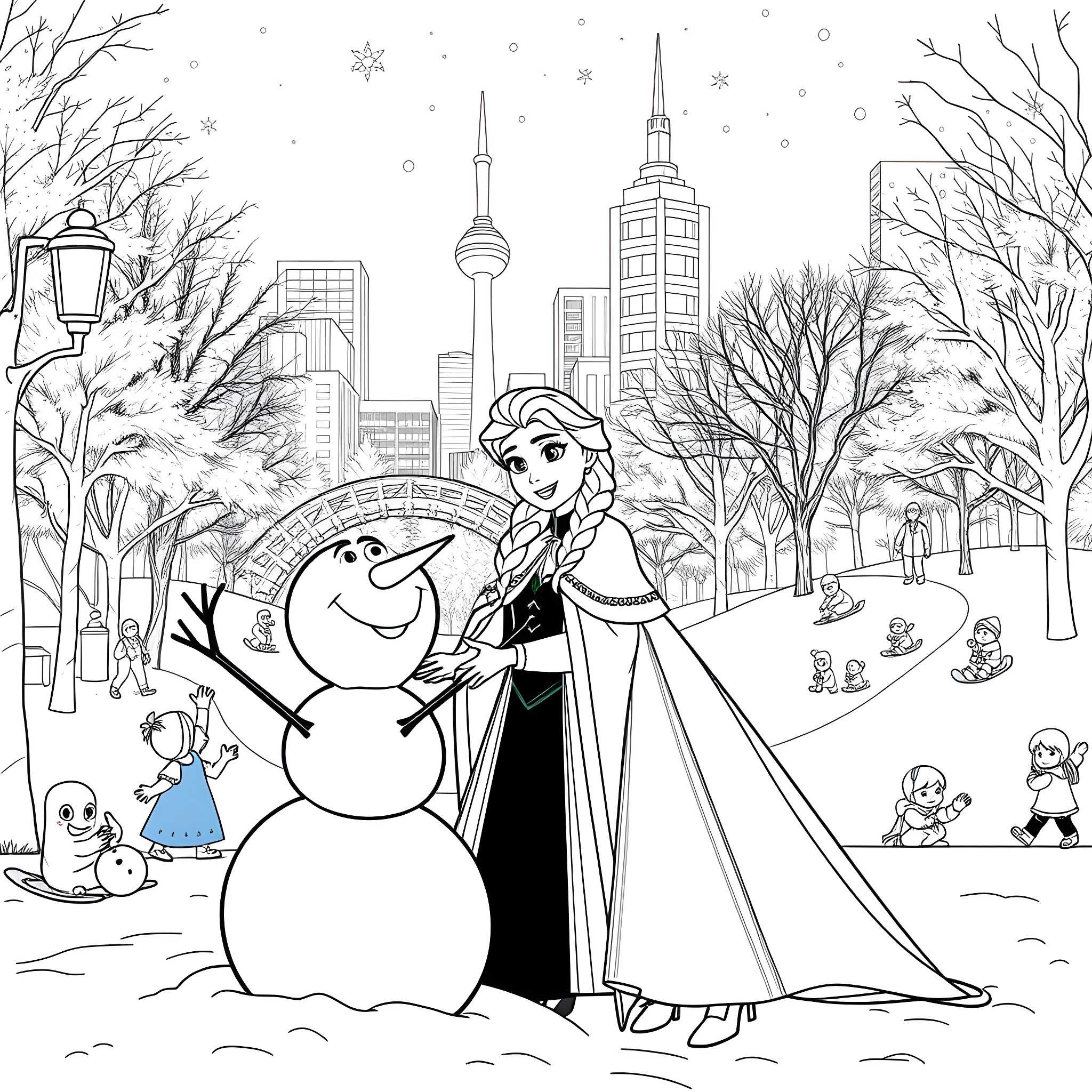 Elsa building a snowman in the winter wonderland city Coloring Page (free black-and-white line drawing printable PDF for all, from beginners to advanced learners, including children, teens, adults, and seniors)