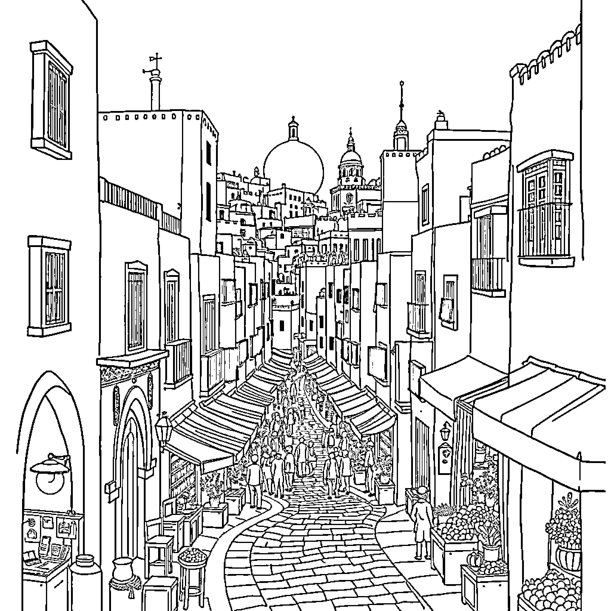 Medina's Vibrant Marketplace: A Bustling Scene Coloring Page (free black-and-white line drawing printable PDF for all, from beginners to advanced learners, including children, teens, adults, and seniors)