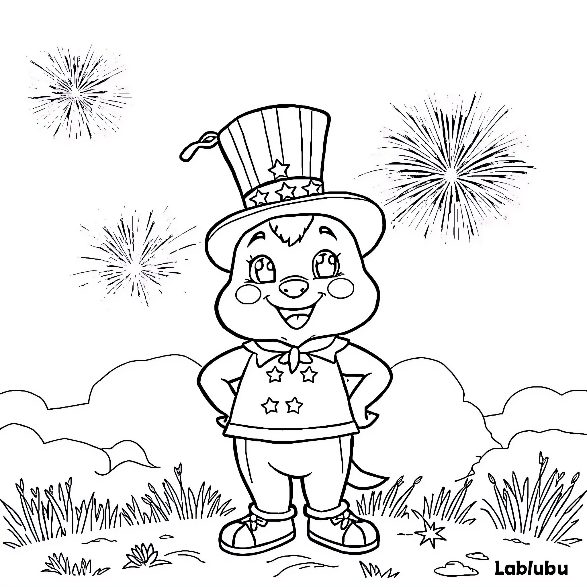 Labubu enjoying fireworks celebration Coloring Page (free black-and-white line drawing printable PDF for all, from beginners to advanced learners, including children, teens, adults, and seniors)