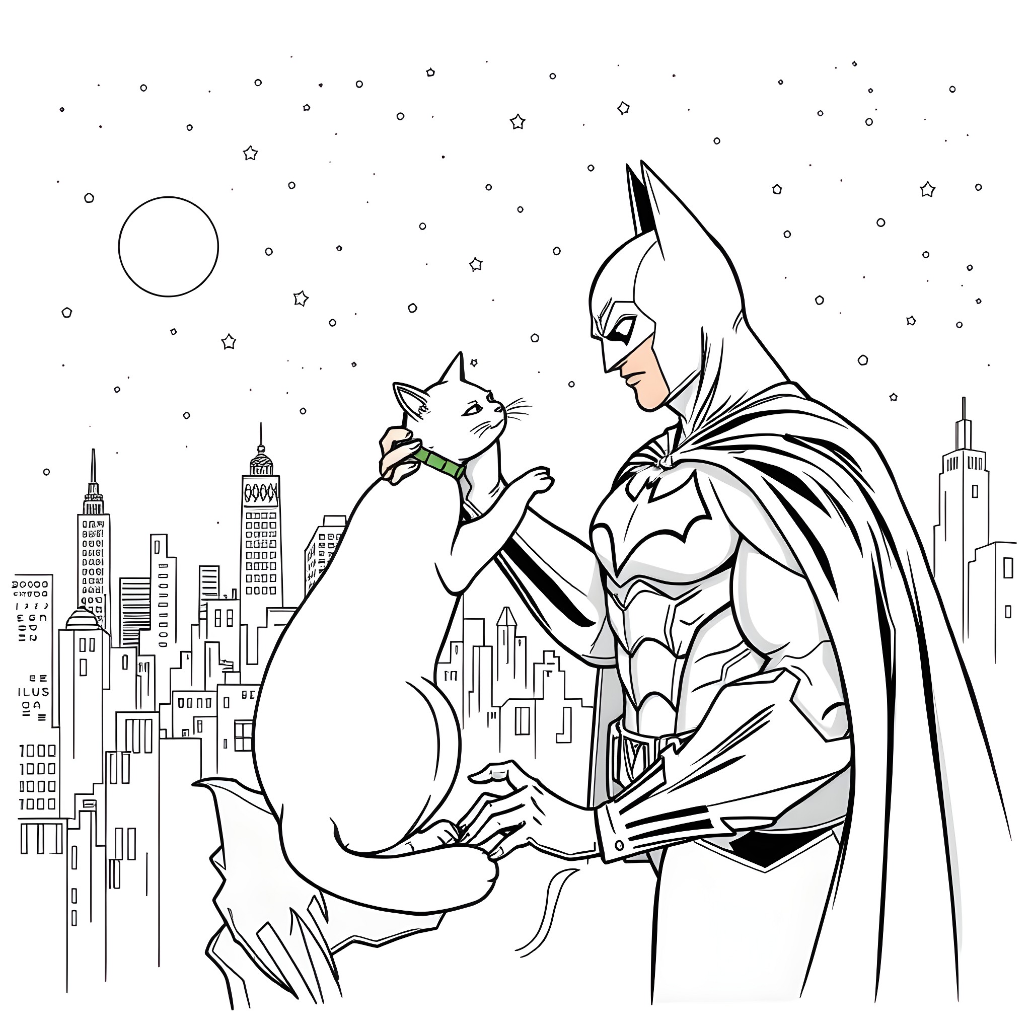 Batman Interacting with Curious Cat in Gotham City Coloring Page (free black-and-white line drawing printable PDF for all, from beginners to advanced learners, including children, teens, adults, and seniors)