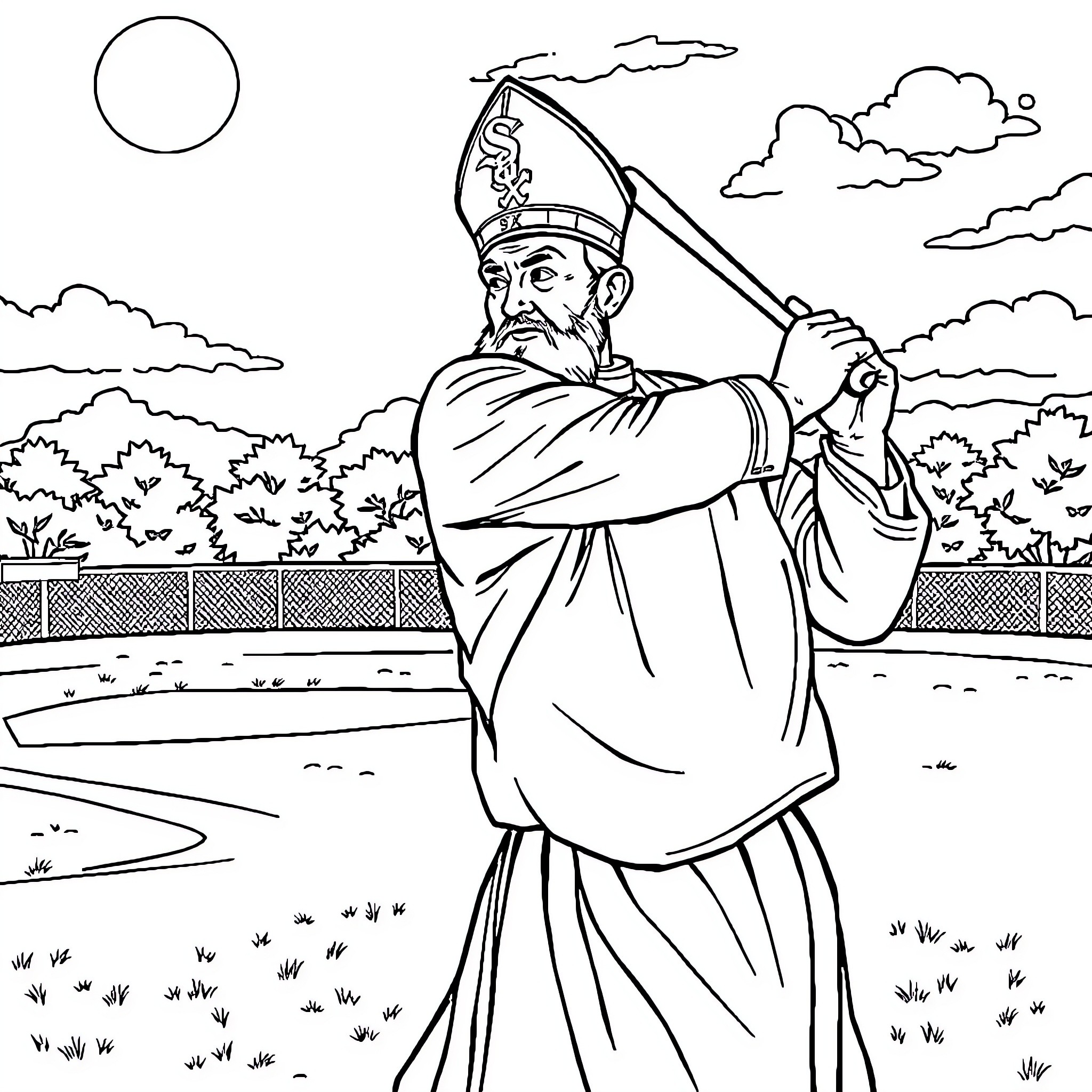 Pope performing ceremonial duties in outdoor setting Coloring Page (free black-and-white line drawing printable PDF for all, from beginners to advanced learners, including children, teens, adults, and seniors)