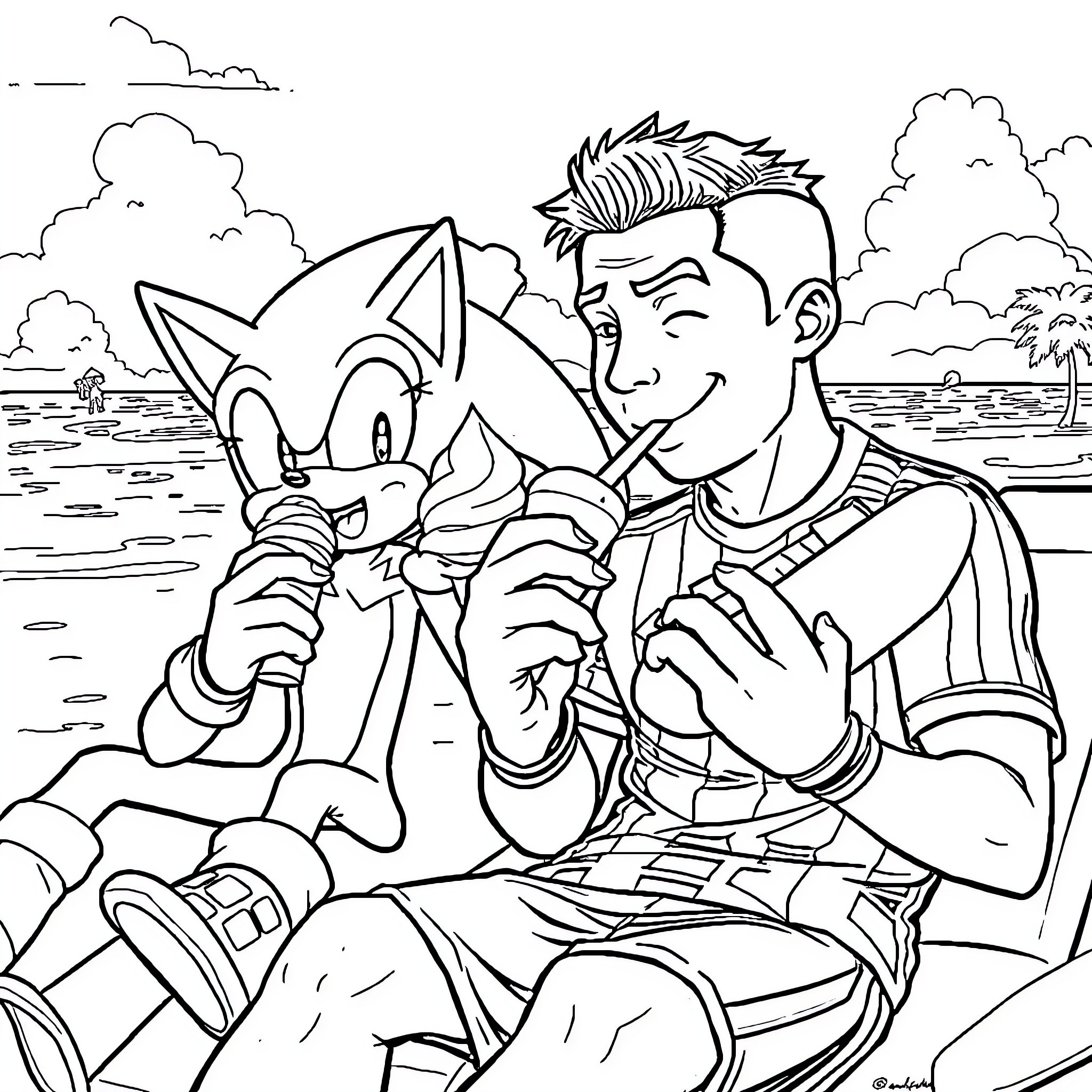 Cristiano Ronaldo playing with a cartoon character on the beach Coloring Page (free black-and-white line drawing printable PDF for all, from beginners to advanced learners, including children, teens, adults, and seniors)