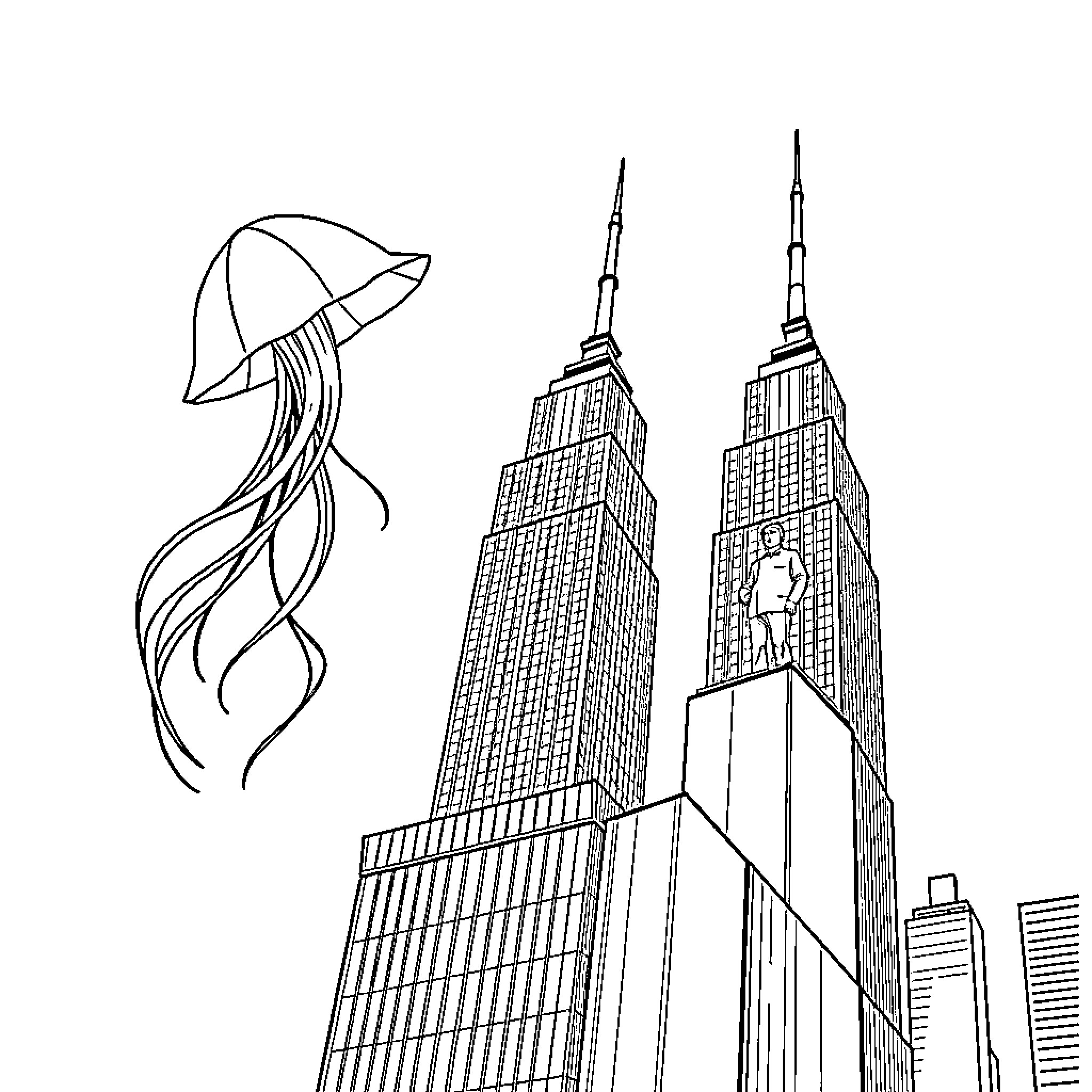 Jellyfish swimming among skyscrapers Coloring Page (free black-and-white line drawing printable PDF for all, from beginners to advanced learners, including children, teens, adults, and seniors)
