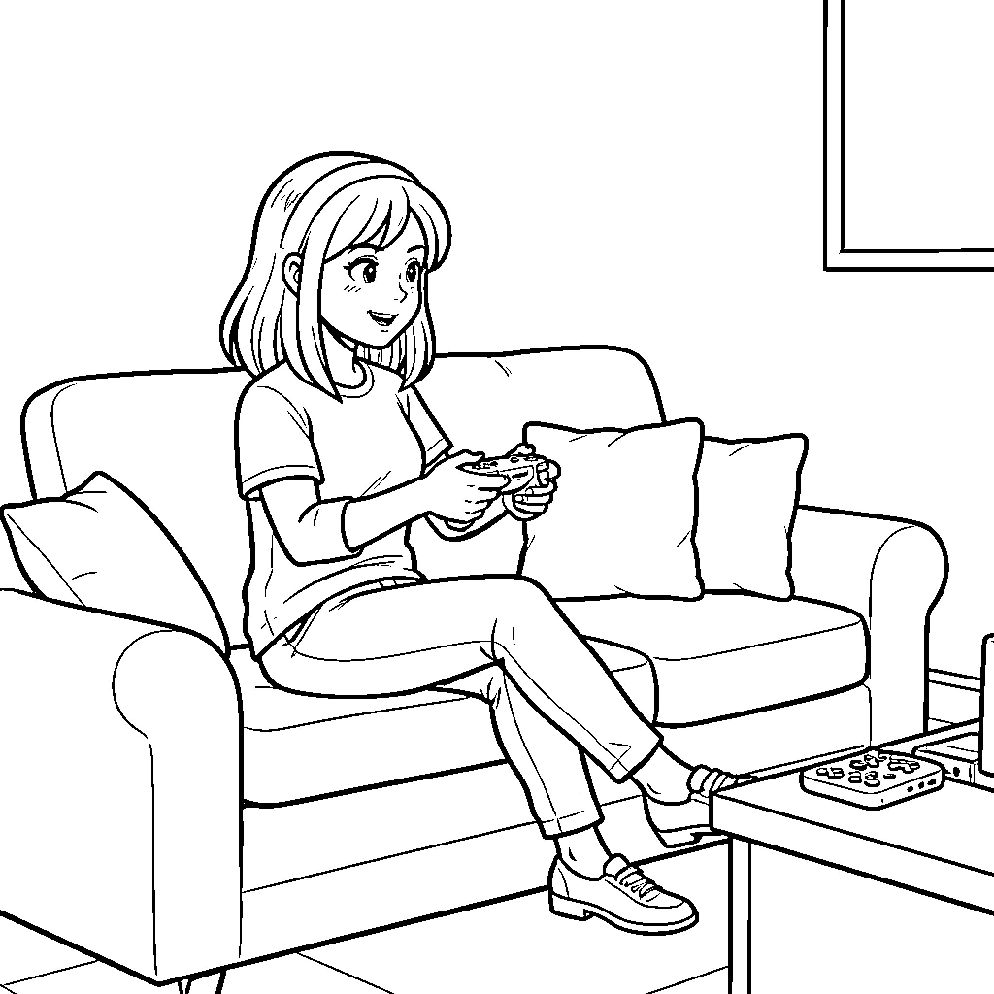 Sonia sitting on a sofa playing video games Coloring Page (free black-and-white line drawing printable PDF for all, from beginners to advanced learners, including children, teens, adults, and seniors)