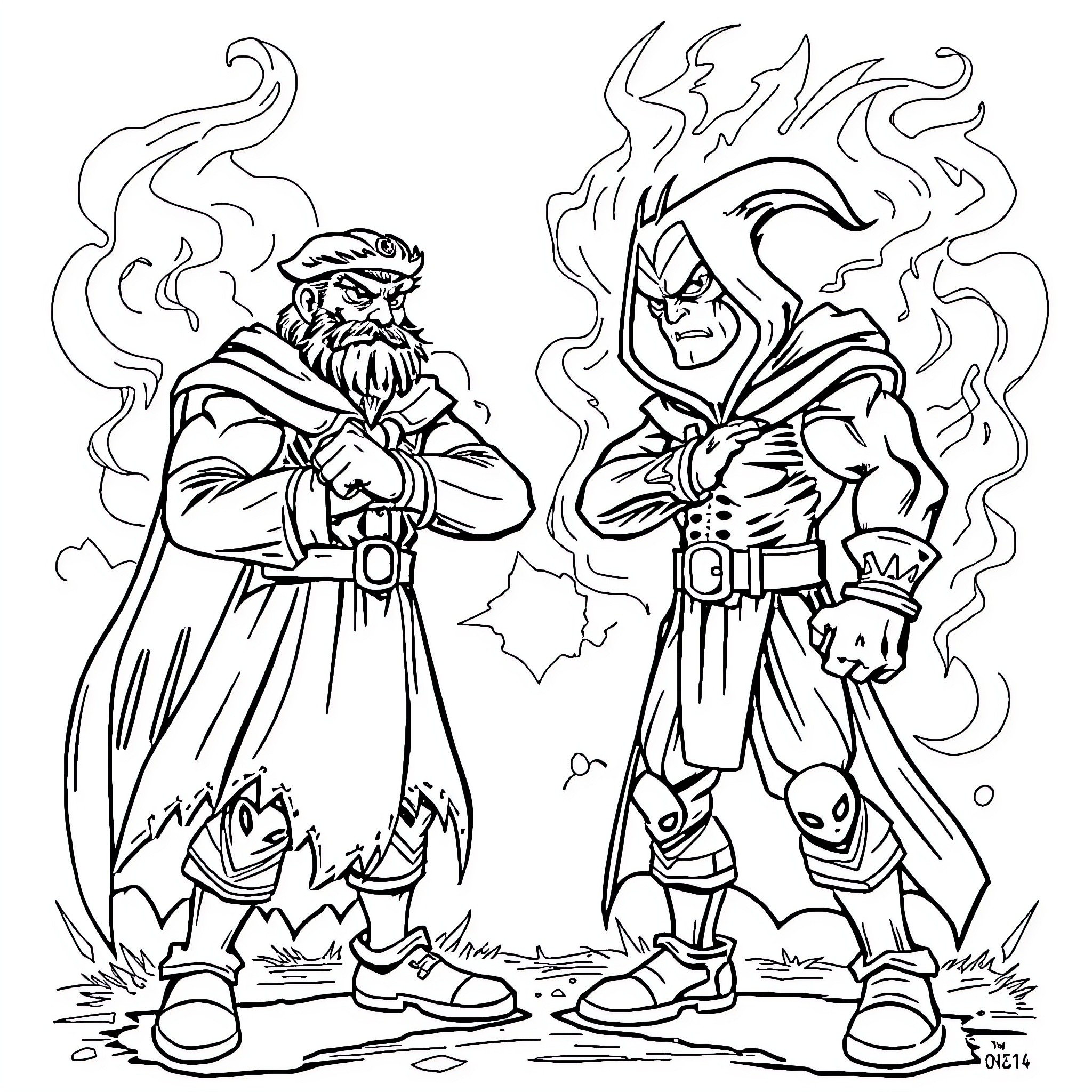Good and Bad Fantasy Figures with Fiery Auras Coloring Page (free black-and-white line drawing printable PDF for all, from beginners to advanced learners, including children, teens, adults, and seniors)