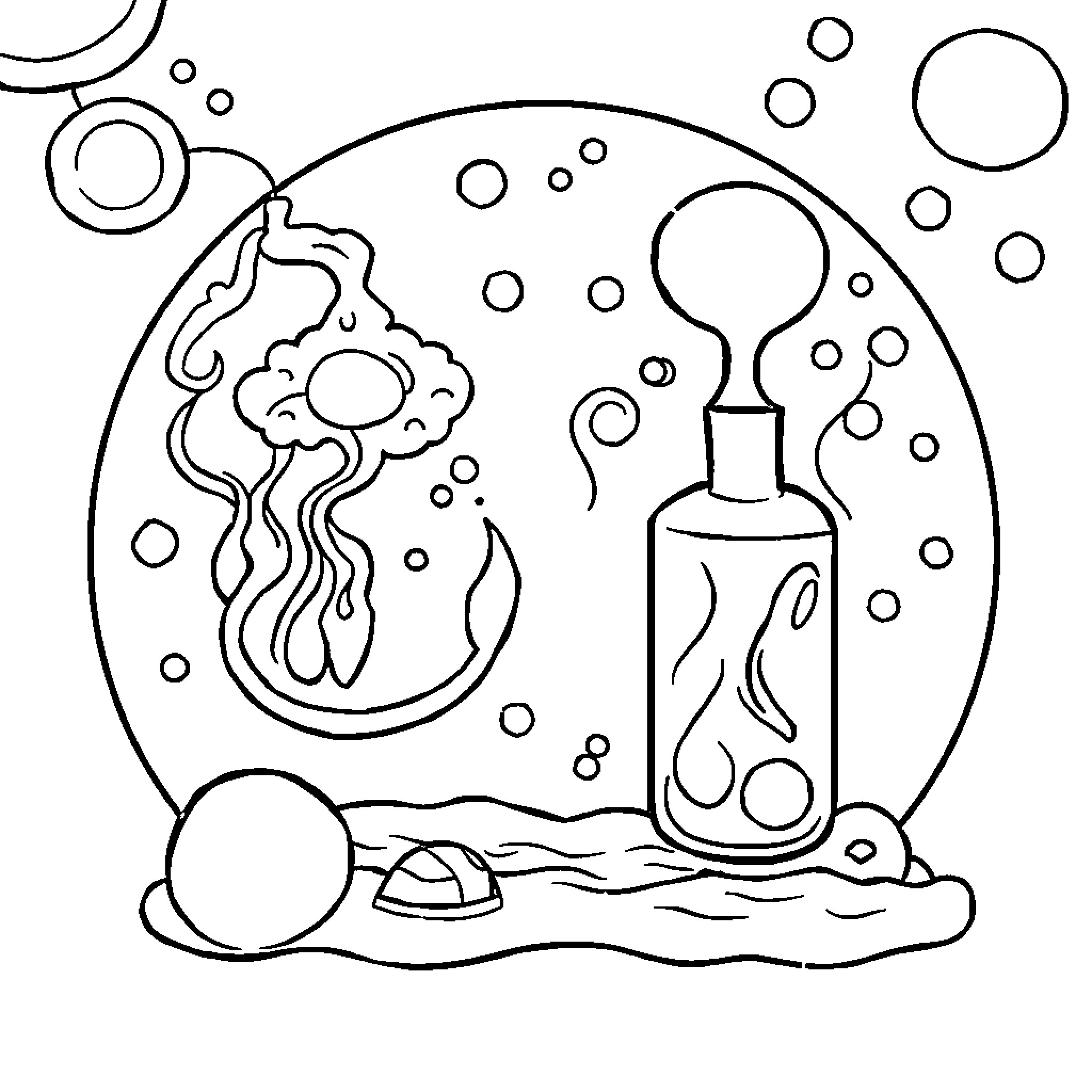 Thermodynamics of Underwater Bubbles and Bottles Coloring Page (free black-and-white line drawing printable PDF for all, from beginners to advanced learners, including children, teens, adults, and seniors)