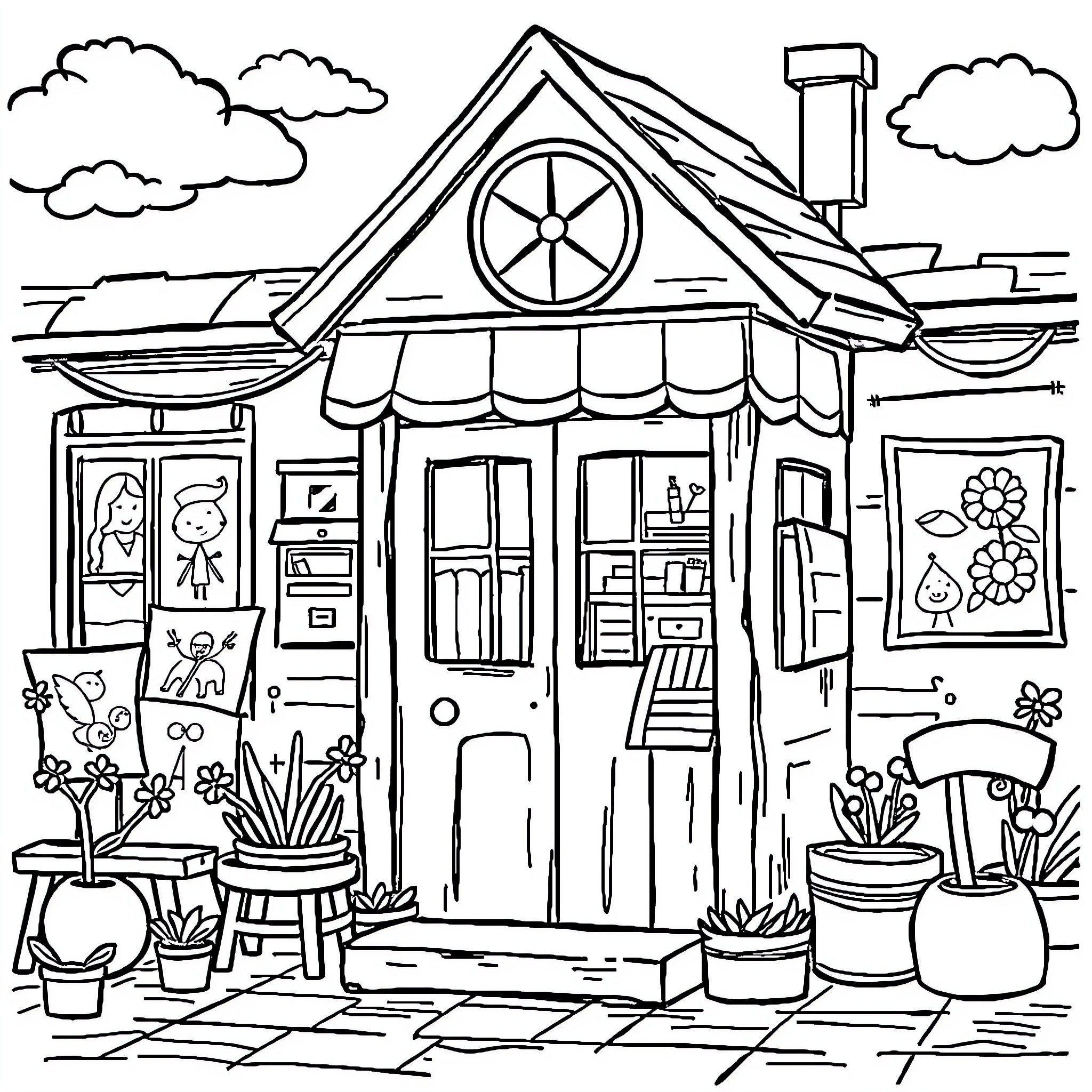 Photobooth scene of a charming country cottage Coloring Page (free black-and-white line drawing printable PDF for all, from beginners to advanced learners, including children, teens, adults, and seniors)