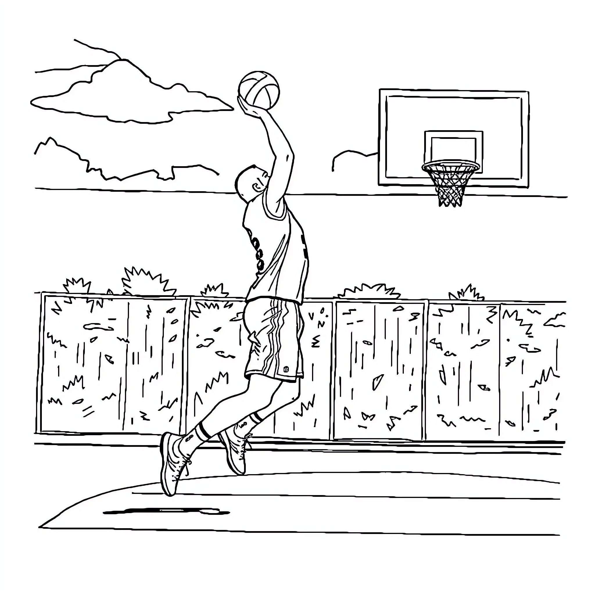 Zidane's Dunk on the Basketball Court Coloring Page (free black-and-white line drawing printable PDF for all, from beginners to advanced learners, including children, teens, adults, and seniors)