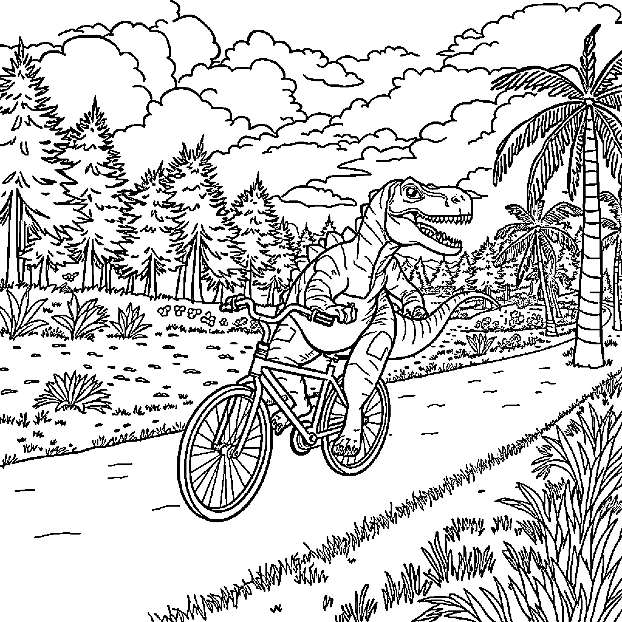 Dinosaur Riding a Bicycle through the Jungle Coloring Page (free black-and-white line drawing printable PDF for all, from beginners to advanced learners, including children, teens, adults, and seniors)