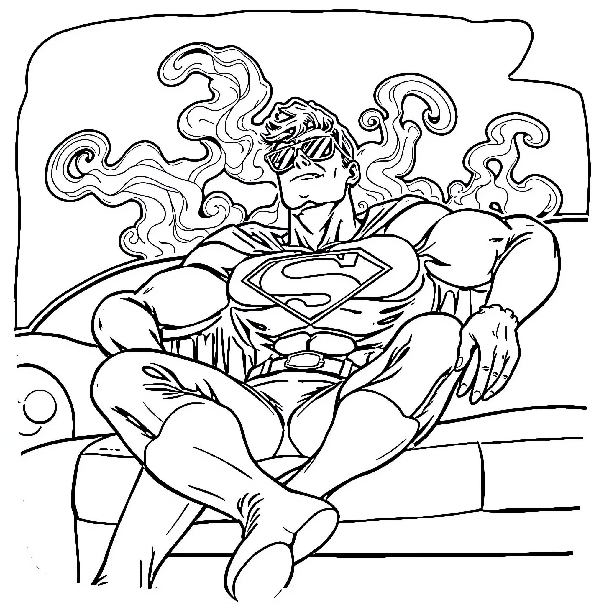 Superman taking a moment of rest Coloring Page (free black-and-white line drawing printable PDF for all, from beginners to advanced learners, including children, teens, adults, and seniors)