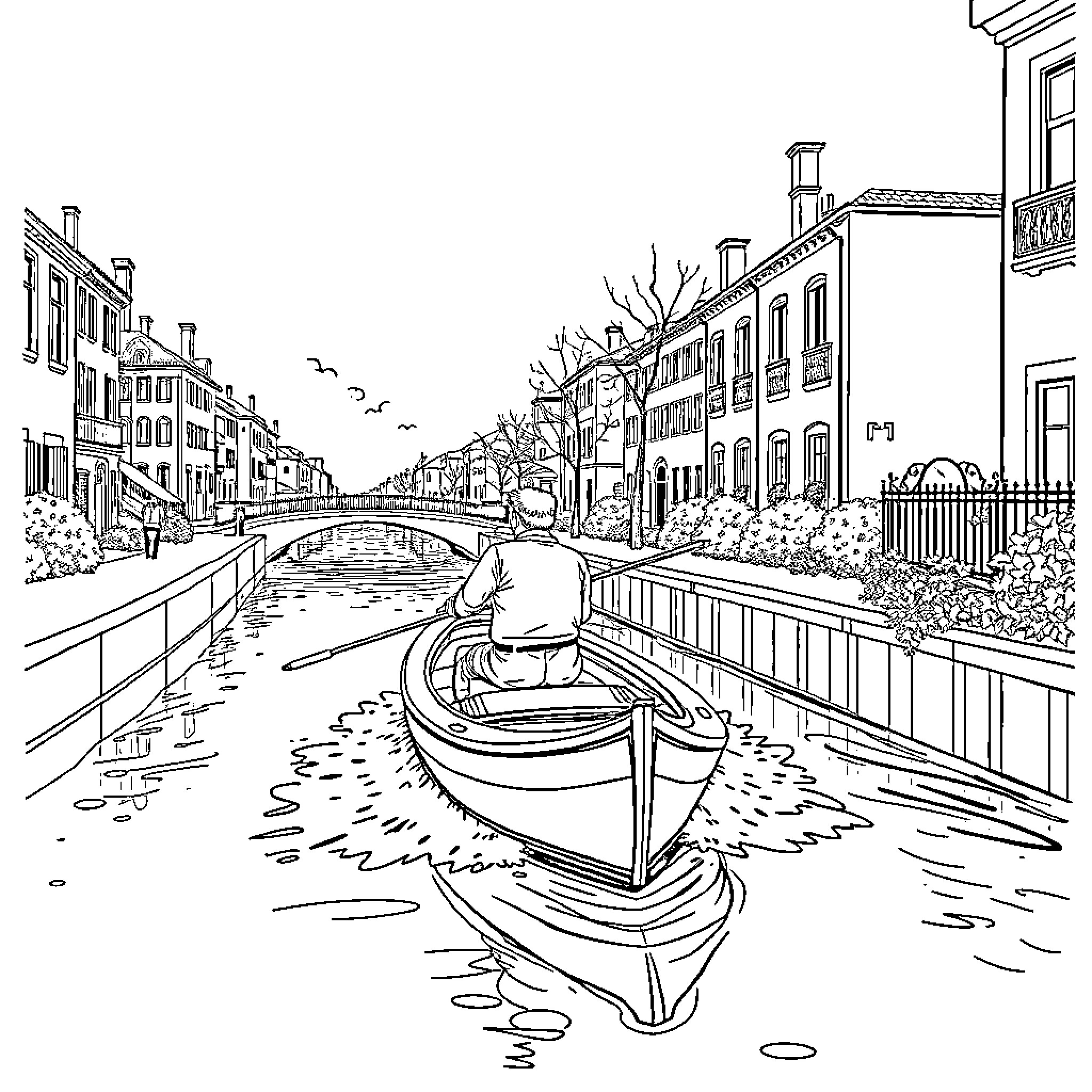 George Floyd walking alone in a scenic canal town Coloring Page (free black-and-white line drawing printable PDF for all, from beginners to advanced learners, including children, teens, adults, and seniors)