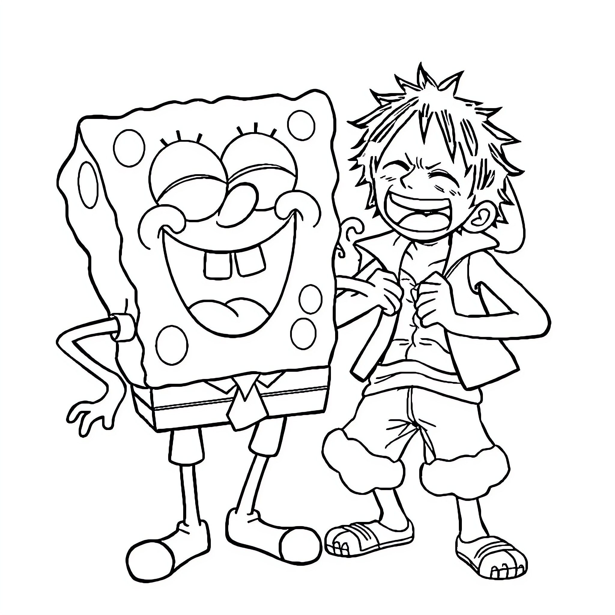 Spongebob and Patrick having fun together Coloring Page (free black-and-white line drawing printable PDF for all, from beginners to advanced learners, including children, teens, adults, and seniors)