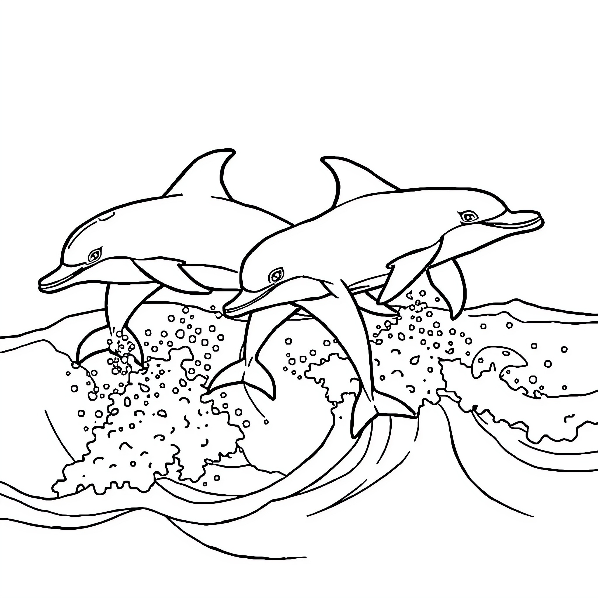 Dolphin family swimming together in the ocean Coloring Page (free black-and-white line drawing printable PDF for all, from beginners to advanced learners, including children, teens, adults, and seniors)