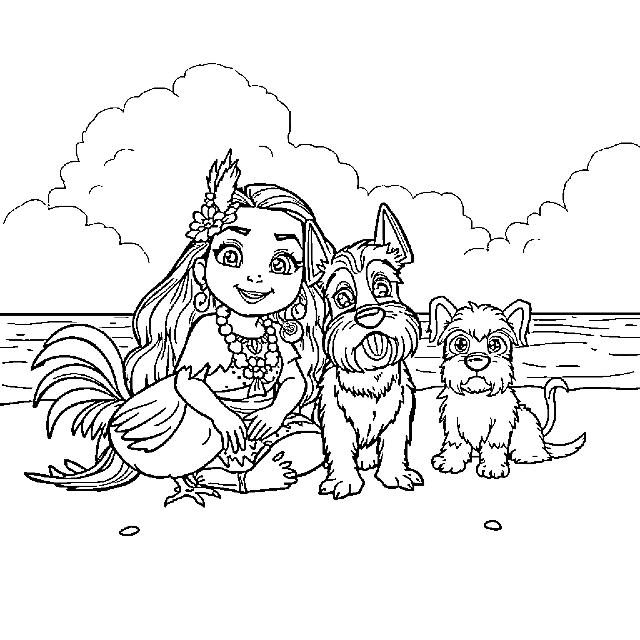Moana and her animal friends at the beach Coloring Page (free black-and-white line drawing printable PDF for all, from beginners to advanced learners, including children, teens, adults, and seniors)