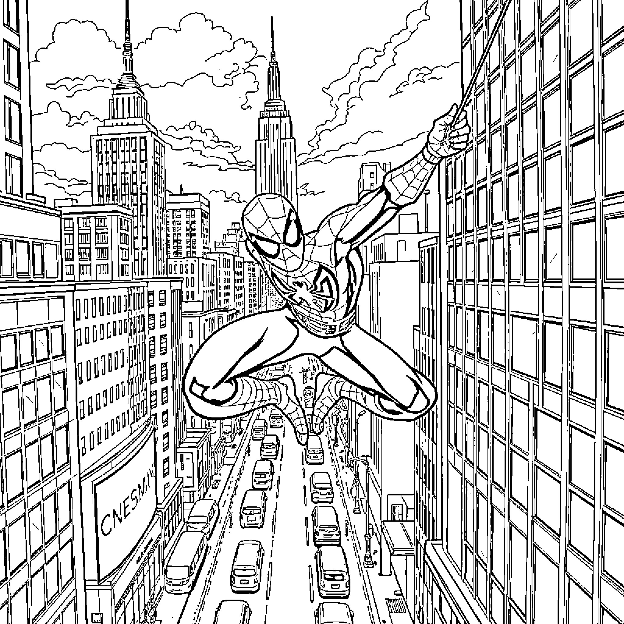 Spider-Man swinging above the bustling city skyline Coloring Page (free black-and-white line drawing printable PDF for all, from beginners to advanced learners, including children, teens, adults, and seniors)