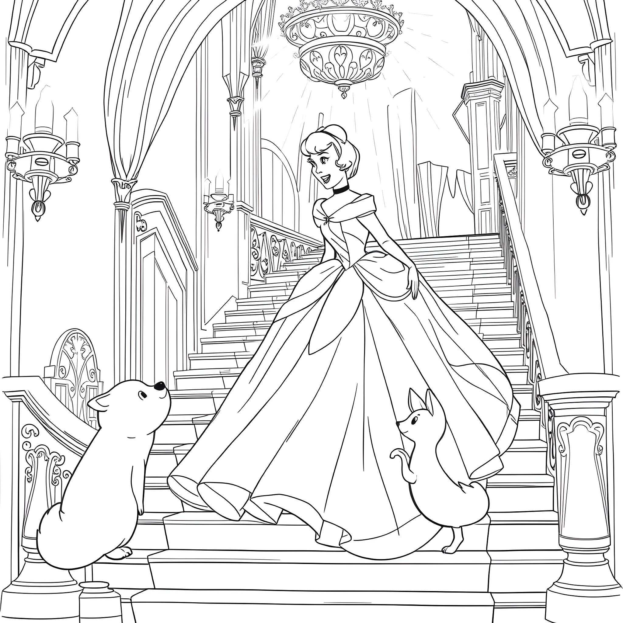 Cinderella's Magical Transformation at the Palace Coloring Page (free black-and-white line drawing printable PDF for all, from beginners to advanced learners, including children, teens, adults, and seniors)