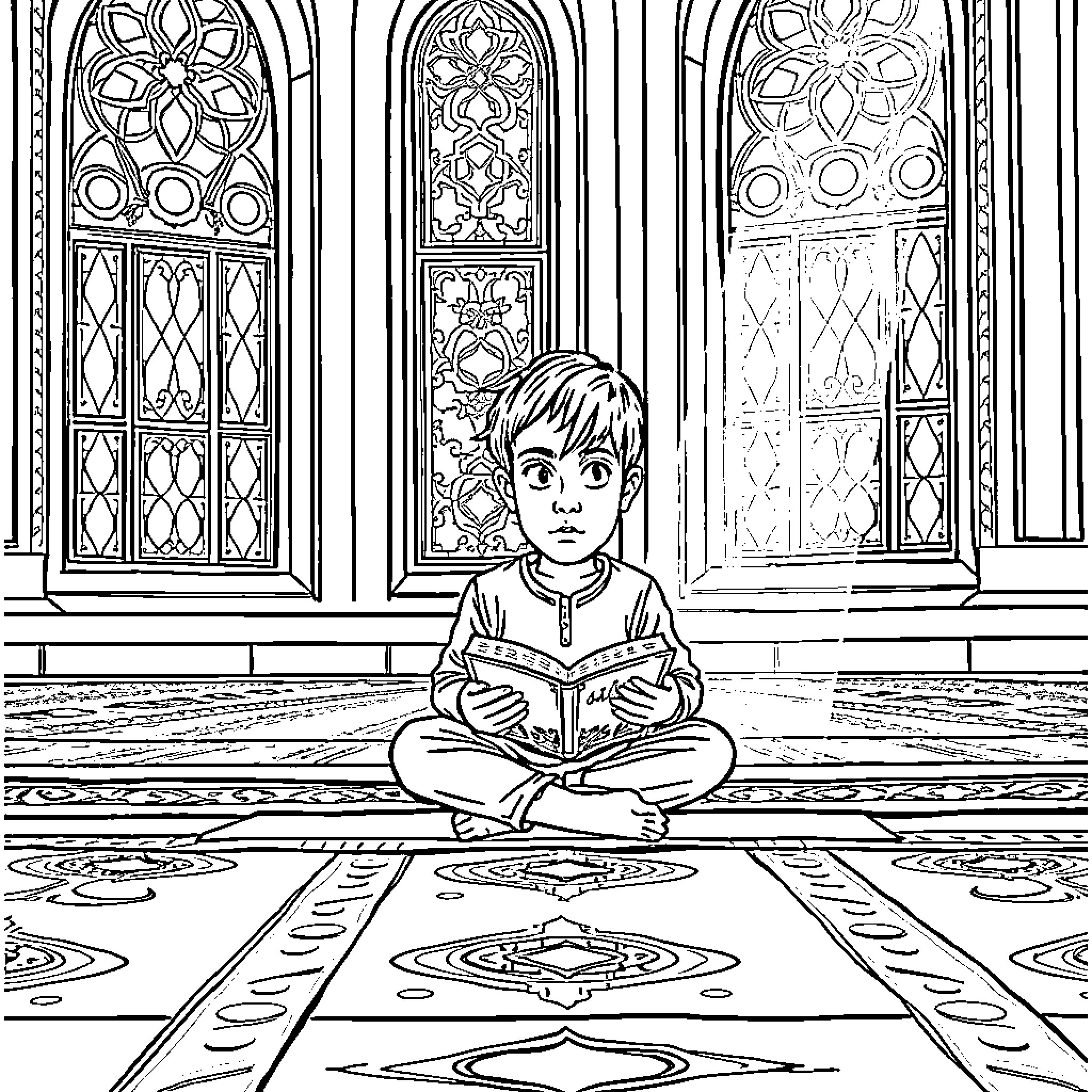 Boy reading a book in a church interior Coloring Page (free black-and-white line drawing printable PDF for all, from beginners to advanced learners, including children, teens, adults, and seniors)