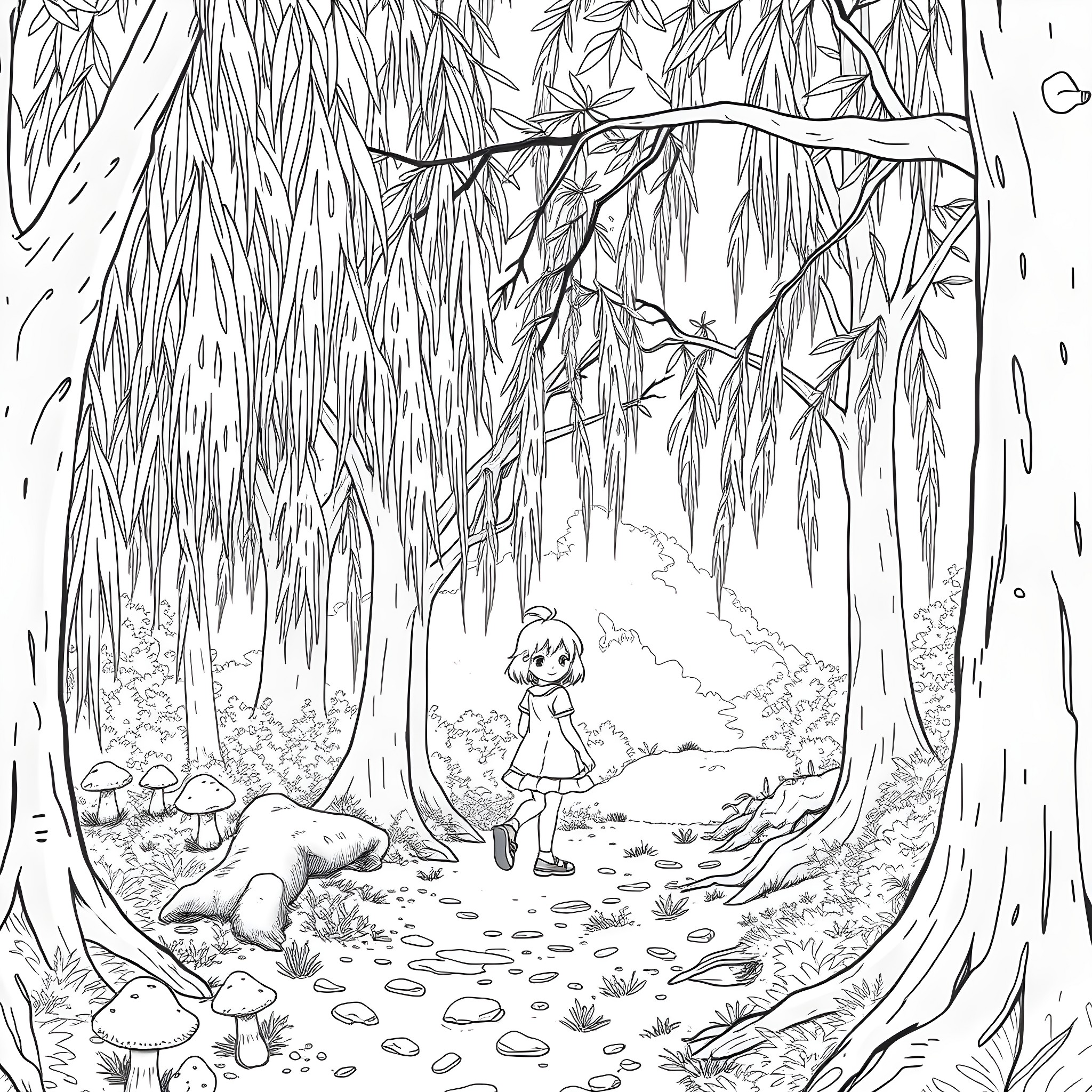 Girl exploring a magical forest path Coloring Page (free black-and-white line drawing printable PDF for all, from beginners to advanced learners, including children, teens, adults, and seniors)