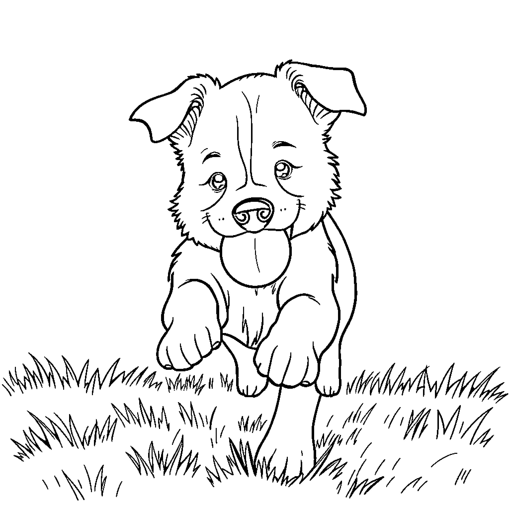 Dog sitting happily in the grass Coloring Page (free black-and-white line drawing printable PDF for all, from beginners to advanced learners, including children, teens, adults, and seniors)