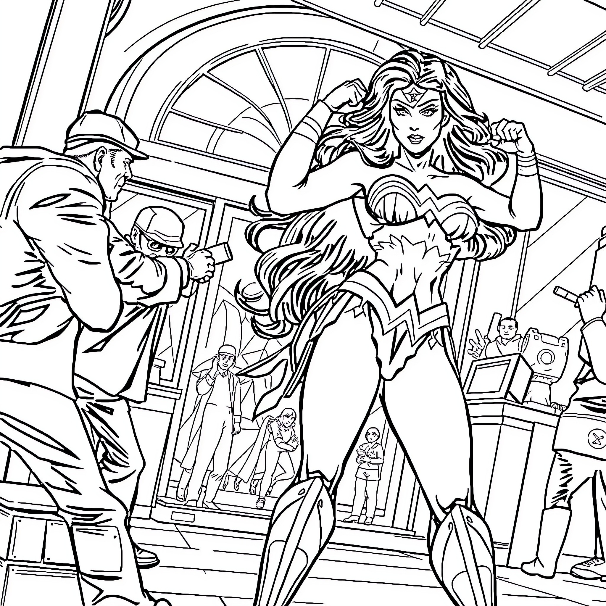 Wonder Woman in action-packed superhero scene Coloring Page (free black-and-white line drawing printable PDF for all, from beginners to advanced learners, including children, teens, adults, and seniors)
