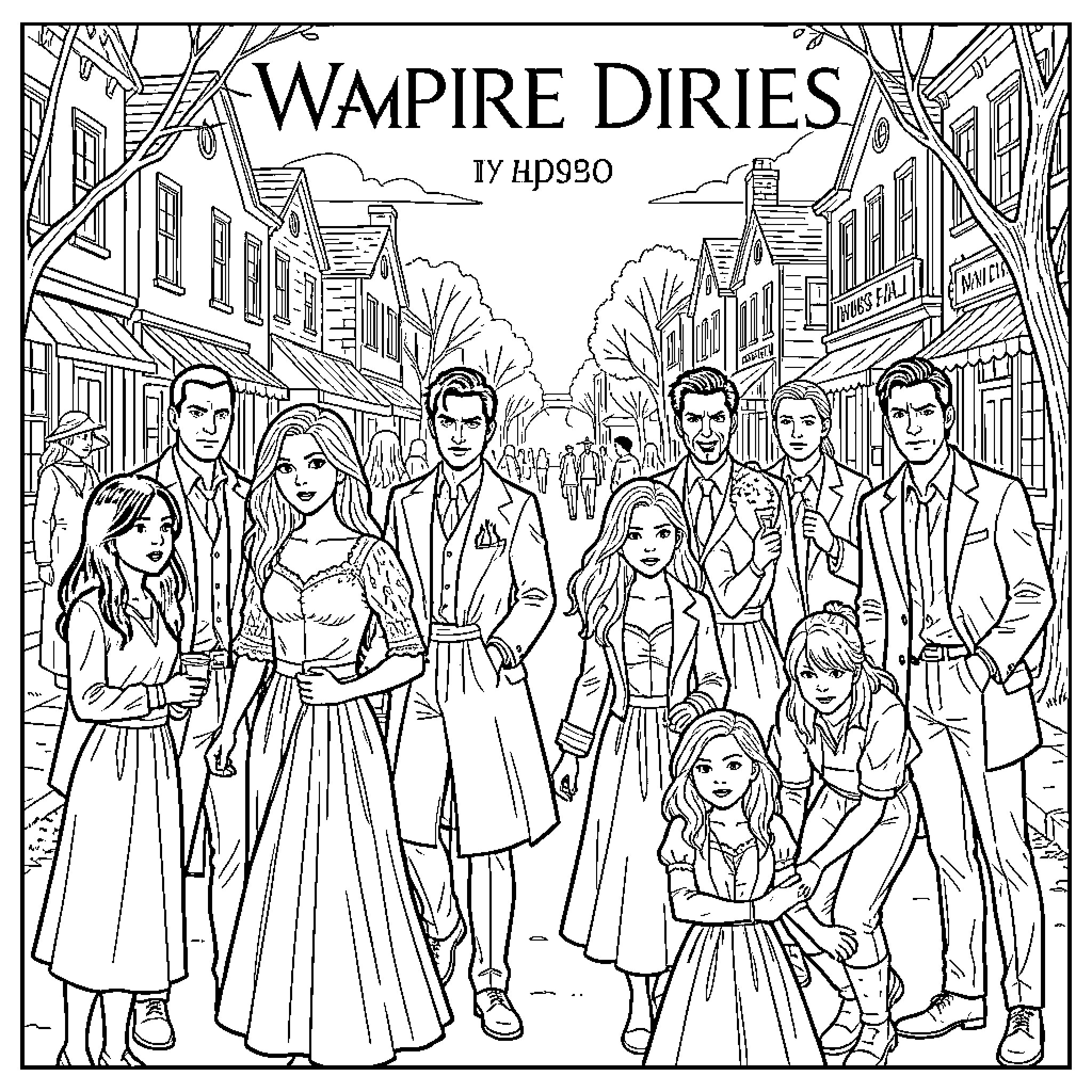 Vampire characters standing together in a town street Coloring Page (free black-and-white line drawing printable PDF for all, from beginners to advanced learners, including children, teens, adults, and seniors)