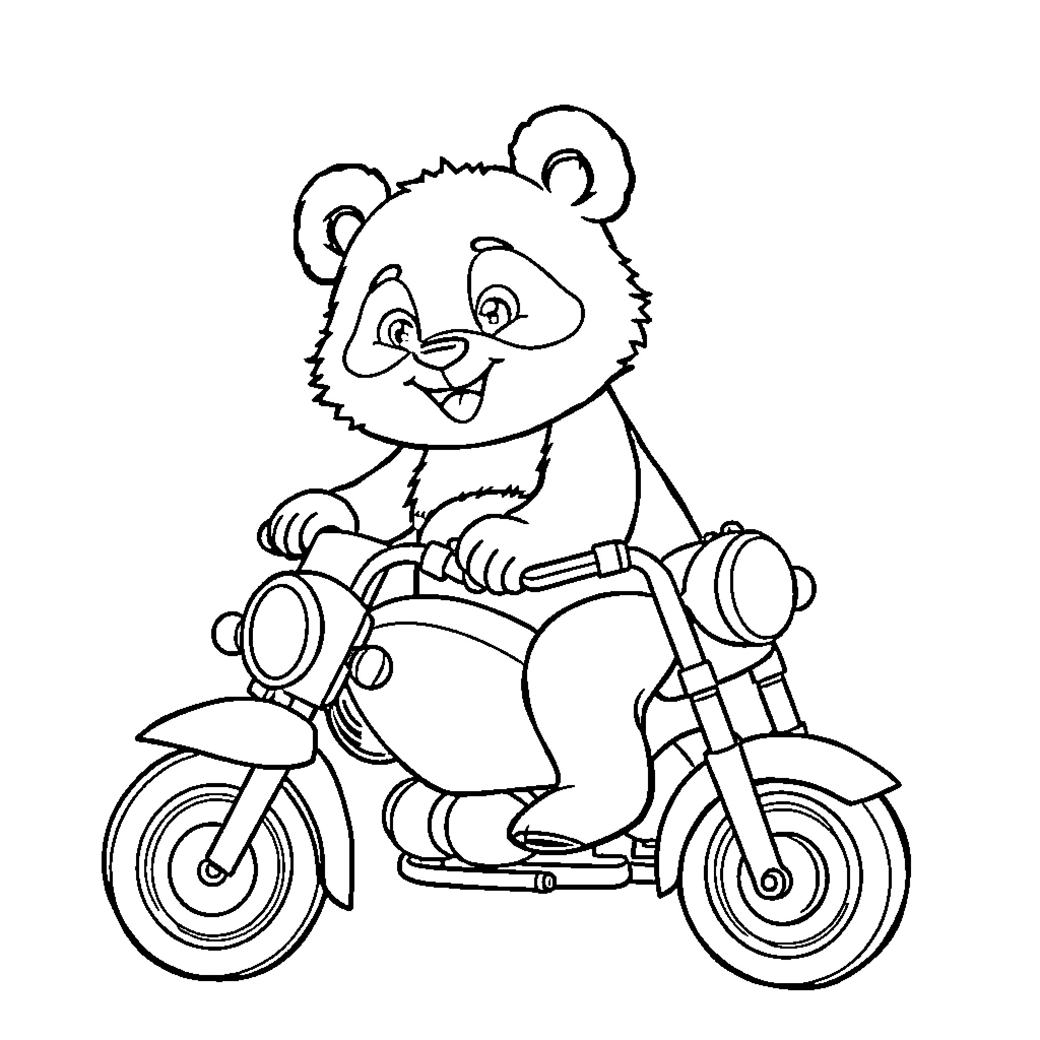 Panda riding a motorcycle with joy Coloring Page (free black-and-white line drawing printable PDF for all, from beginners to advanced learners, including children, teens, adults, and seniors)