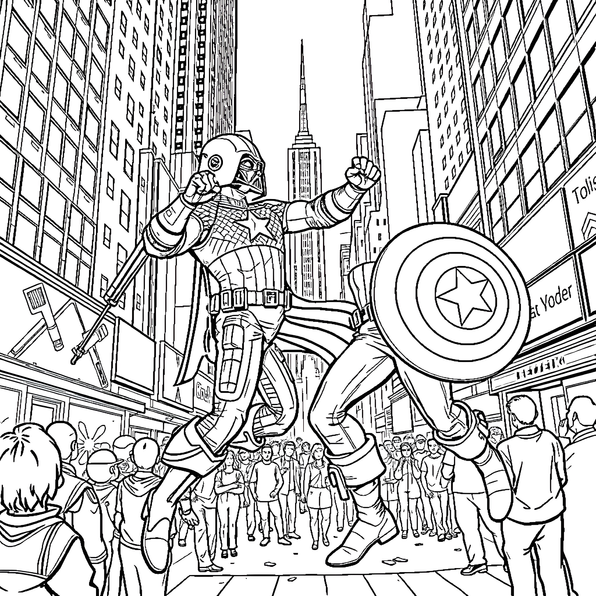 Captain America Leads Charge Through Bustling City Coloring Page (free black-and-white line drawing printable PDF for all, from beginners to advanced learners, including children, teens, adults, and seniors)