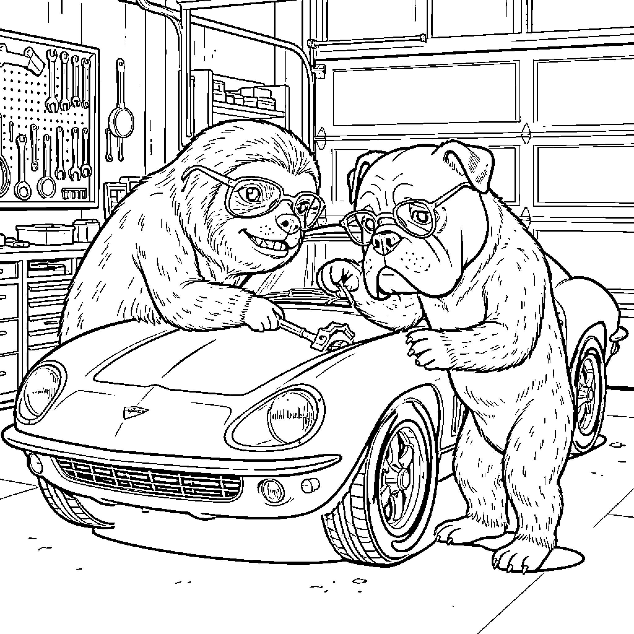 Sloth Bulldog repairing a vintage sports car in a garage Coloring Page (free black-and-white line drawing printable PDF for all, from beginners to advanced learners, including children, teens, adults, and seniors)