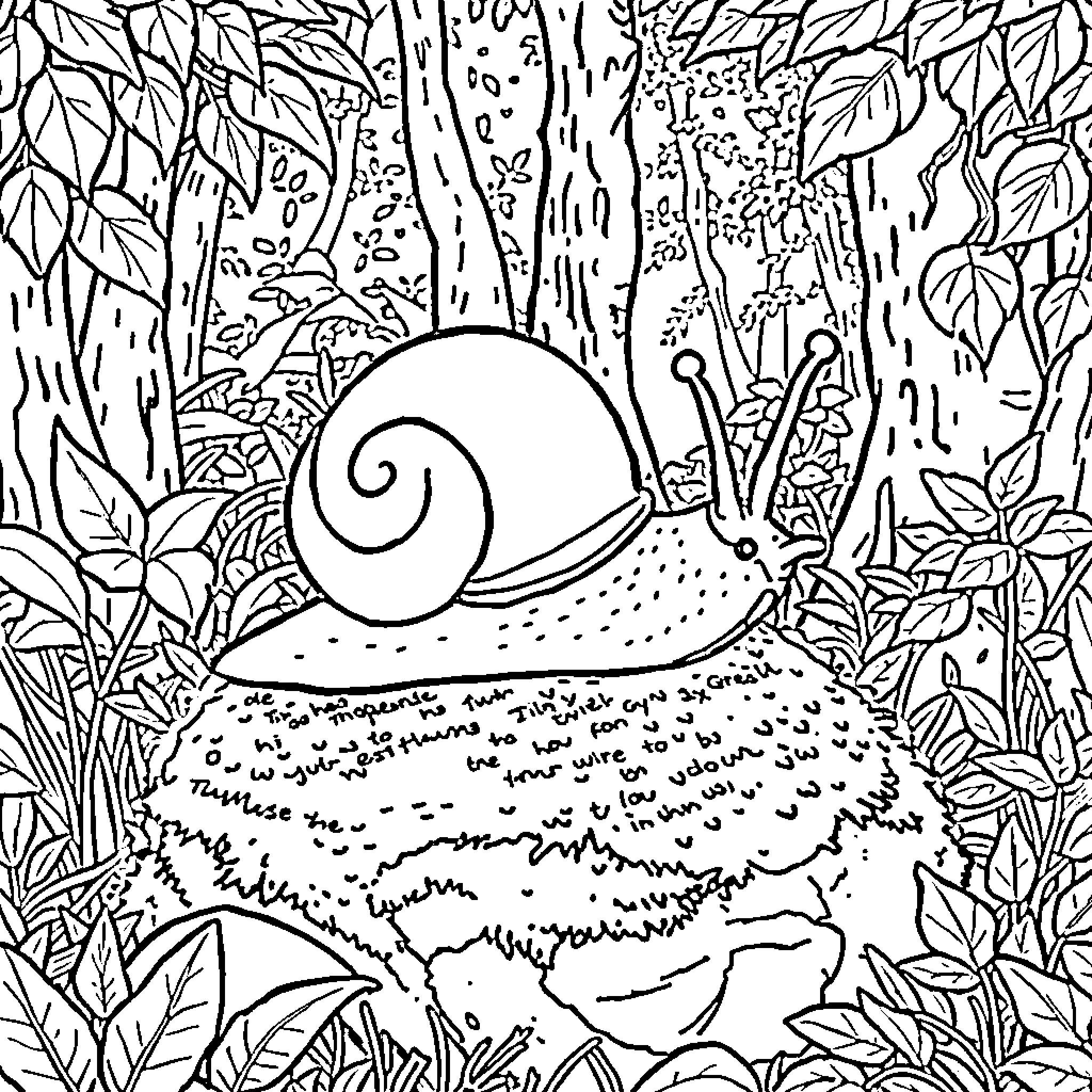 Snail exploring the lush forest landscape Coloring Page (free black-and-white line drawing printable PDF for all, from beginners to advanced learners, including children, teens, adults, and seniors)