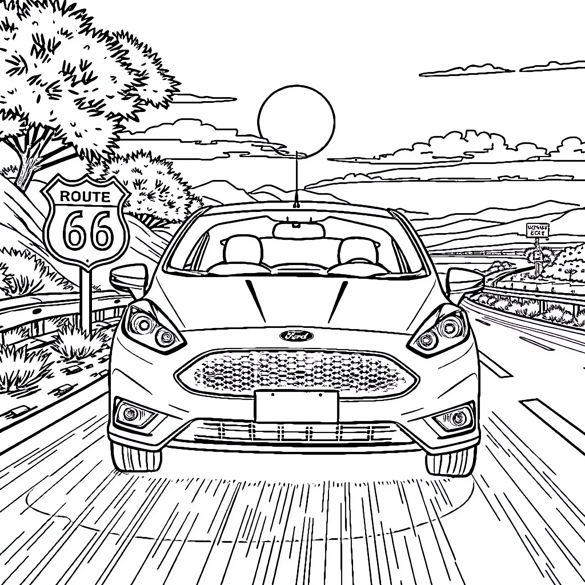 Ford Driving on the Route 66 Highway Coloring Page (free black-and-white line drawing printable PDF for all, from beginners to advanced learners, including children, teens, adults, and seniors)