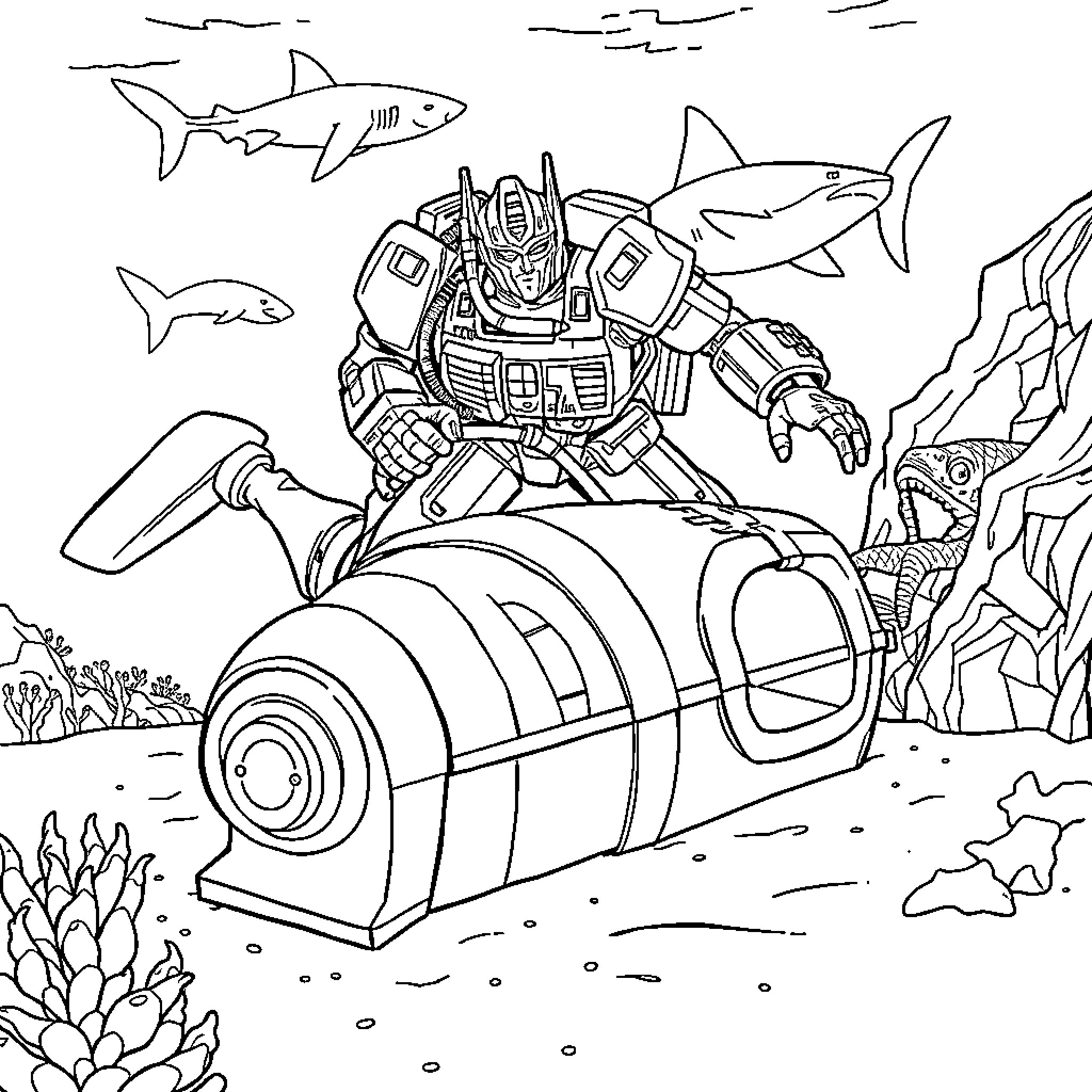 Megatron's Underwater Exploration in Robotic Submersible Coloring Page (free black-and-white line drawing printable PDF for all, from beginners to advanced learners, including children, teens, adults, and seniors)