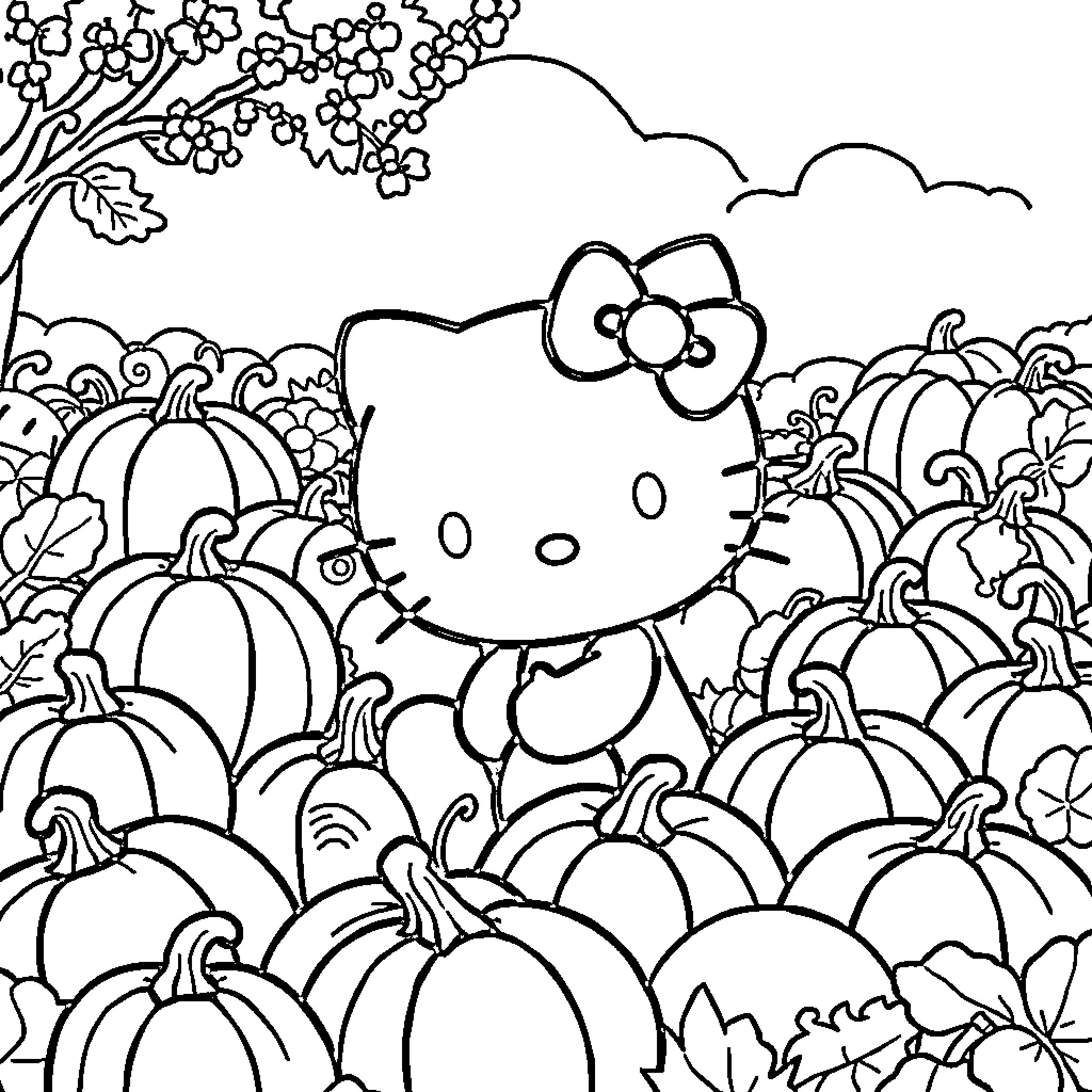 Hello Kitty among pumpkins and blossoms Coloring Page (free black-and-white line drawing printable PDF for all, from beginners to advanced learners, including children, teens, adults, and seniors)