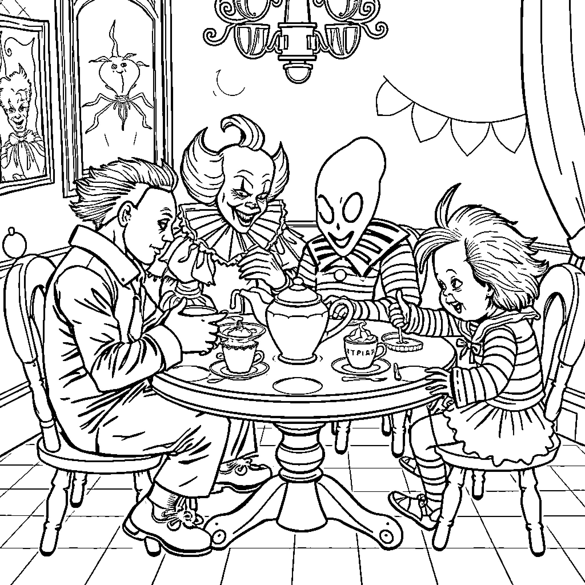 Horror Characters Gathered for a Creepy Tea Party Coloring Page (free black-and-white line drawing printable PDF for all, from beginners to advanced learners, including children, teens, adults, and seniors)