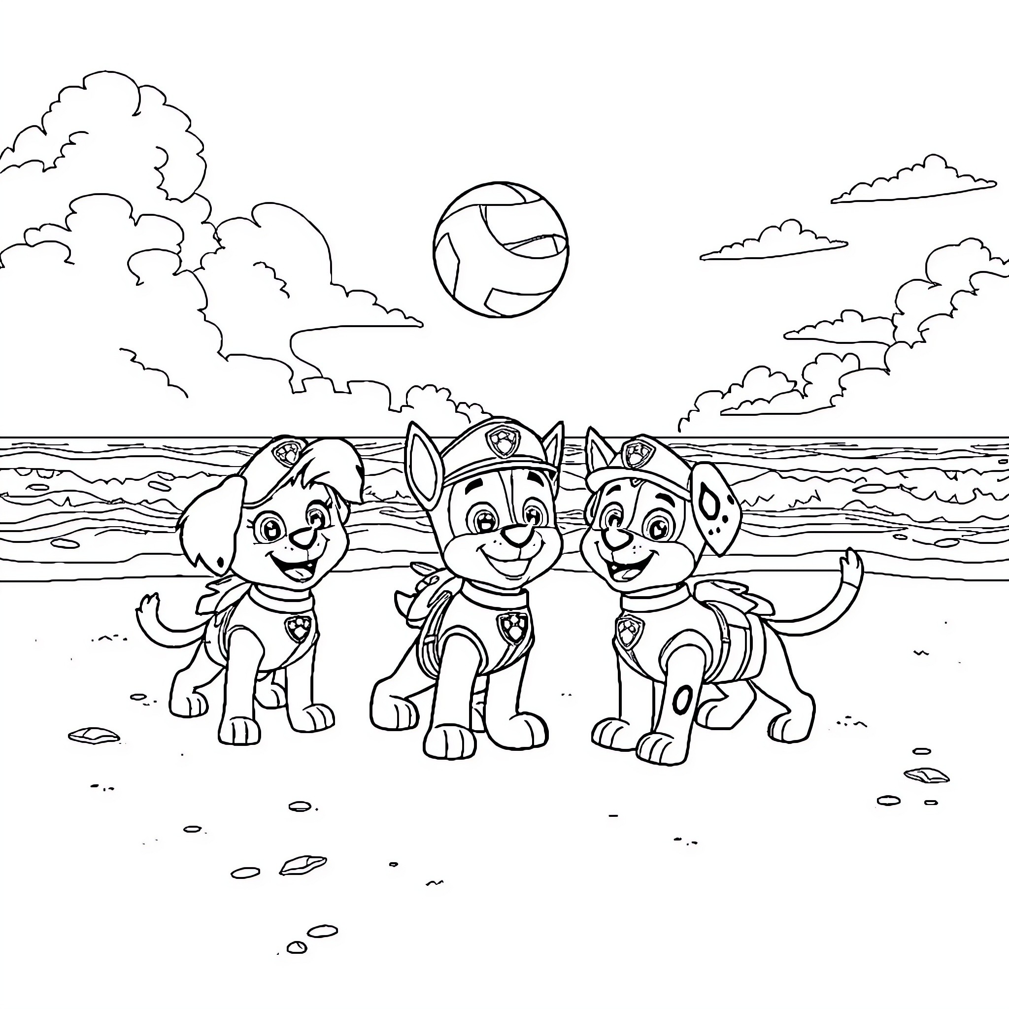 Paw Patrol pups playing on the beach Coloring Page (free black-and-white line drawing printable PDF for all, from beginners to advanced learners, including children, teens, adults, and seniors)