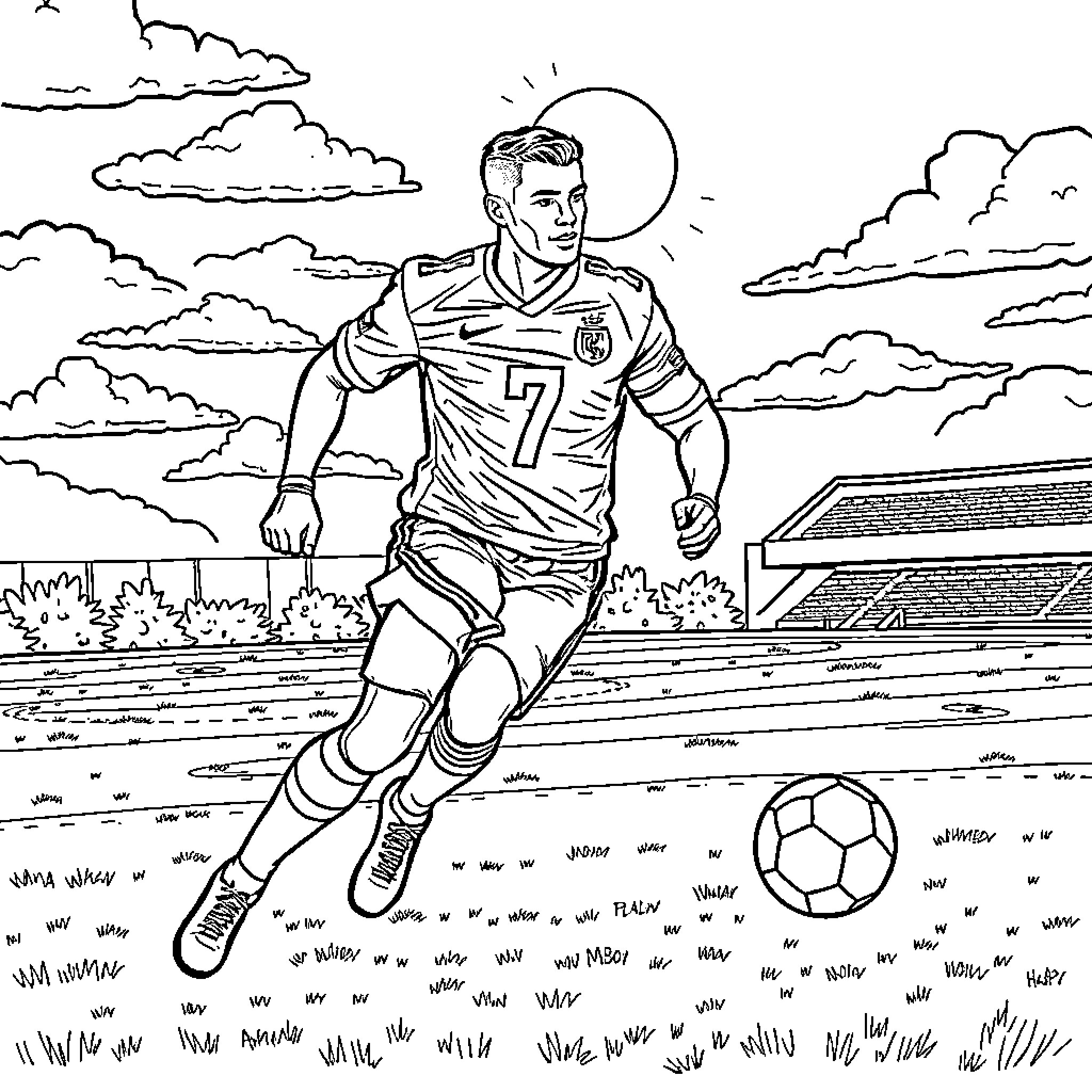 C.Ronaldo Kicking Soccer Ball on the Field Coloring Page (free black-and-white line drawing printable PDF for all, from beginners to advanced learners, including children, teens, adults, and seniors)