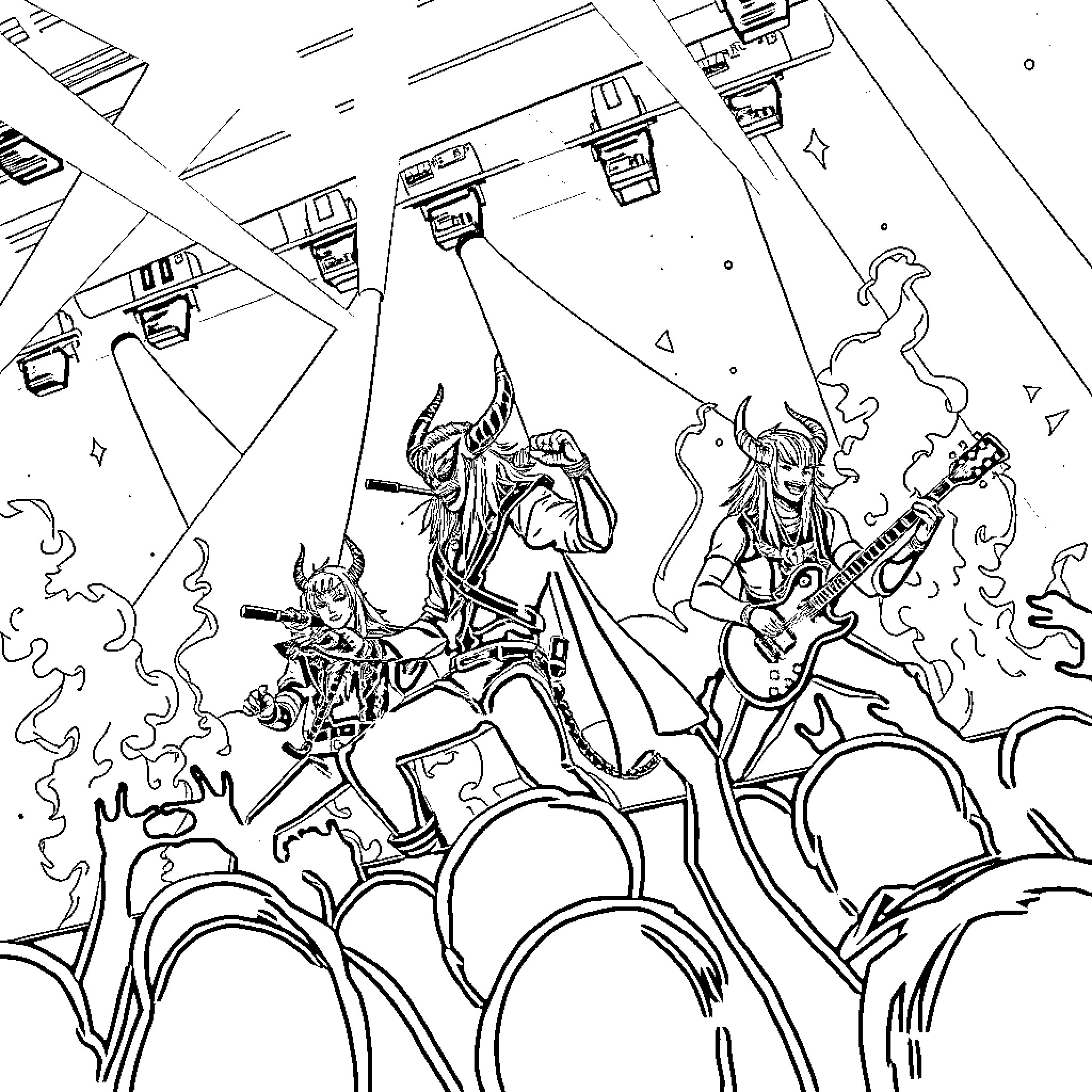 Demon Hunter Leads Fierce Battle Against Demonic Forces Coloring Page (free black-and-white line drawing printable PDF for all, from beginners to advanced learners, including children, teens, adults, and seniors)