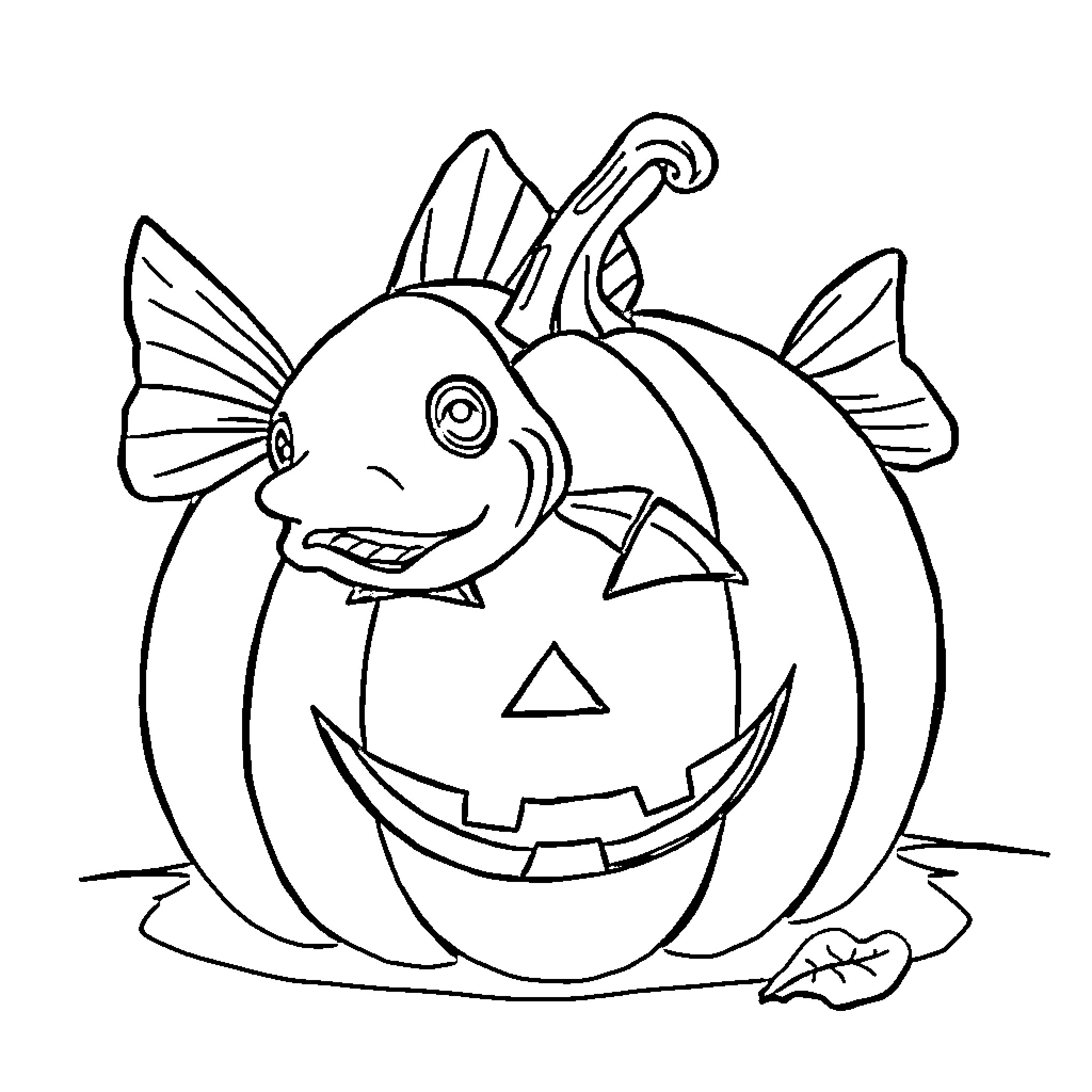 Fish swimming inside Halloween pumpkin Coloring Page (free black-and-white line drawing printable PDF for all, from beginners to advanced learners, including children, teens, adults, and seniors)