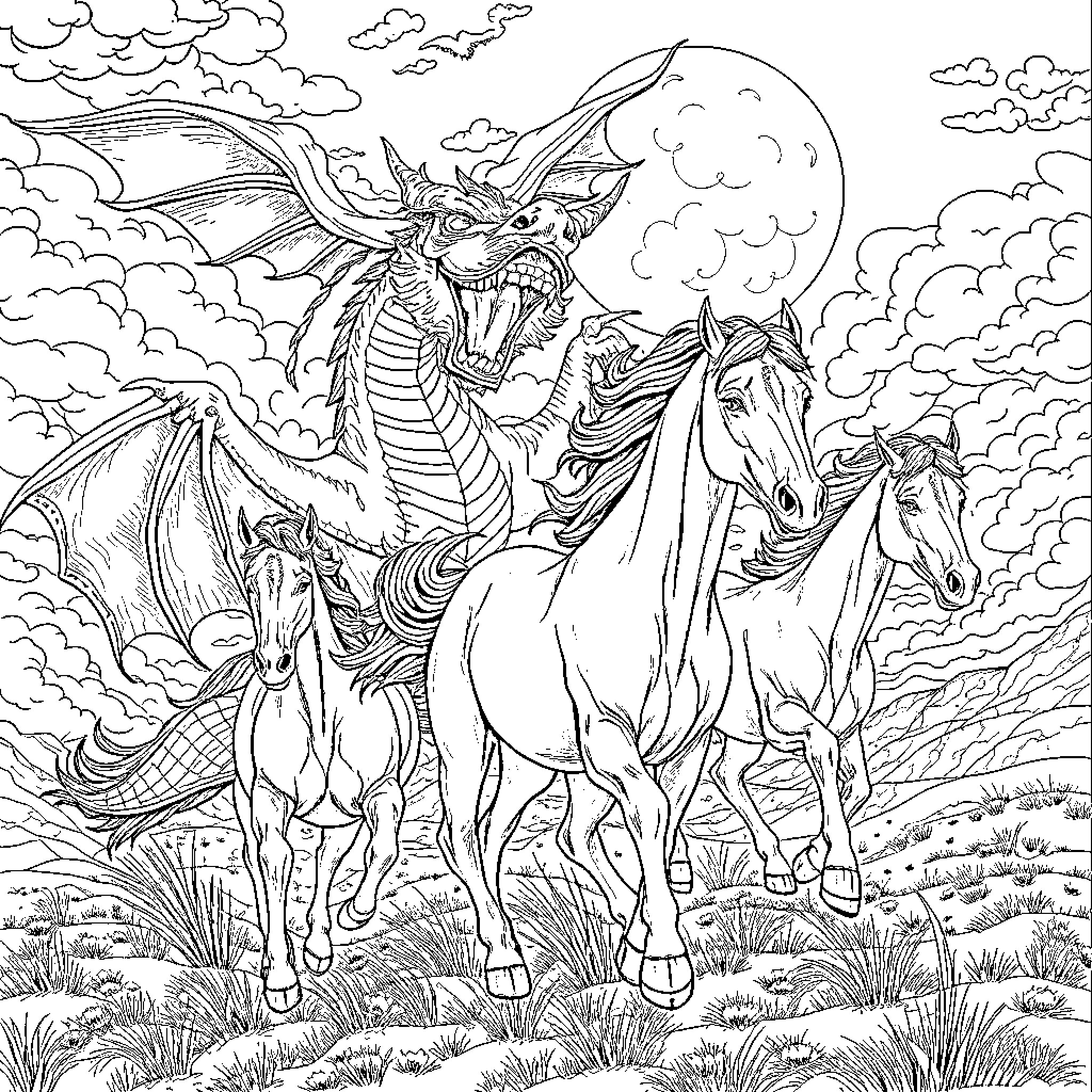 Horse Fantasy Creatures Galloping Through the Clouds Coloring Page (free black-and-white line drawing printable PDF for all, from beginners to advanced learners, including children, teens, adults, and seniors)
