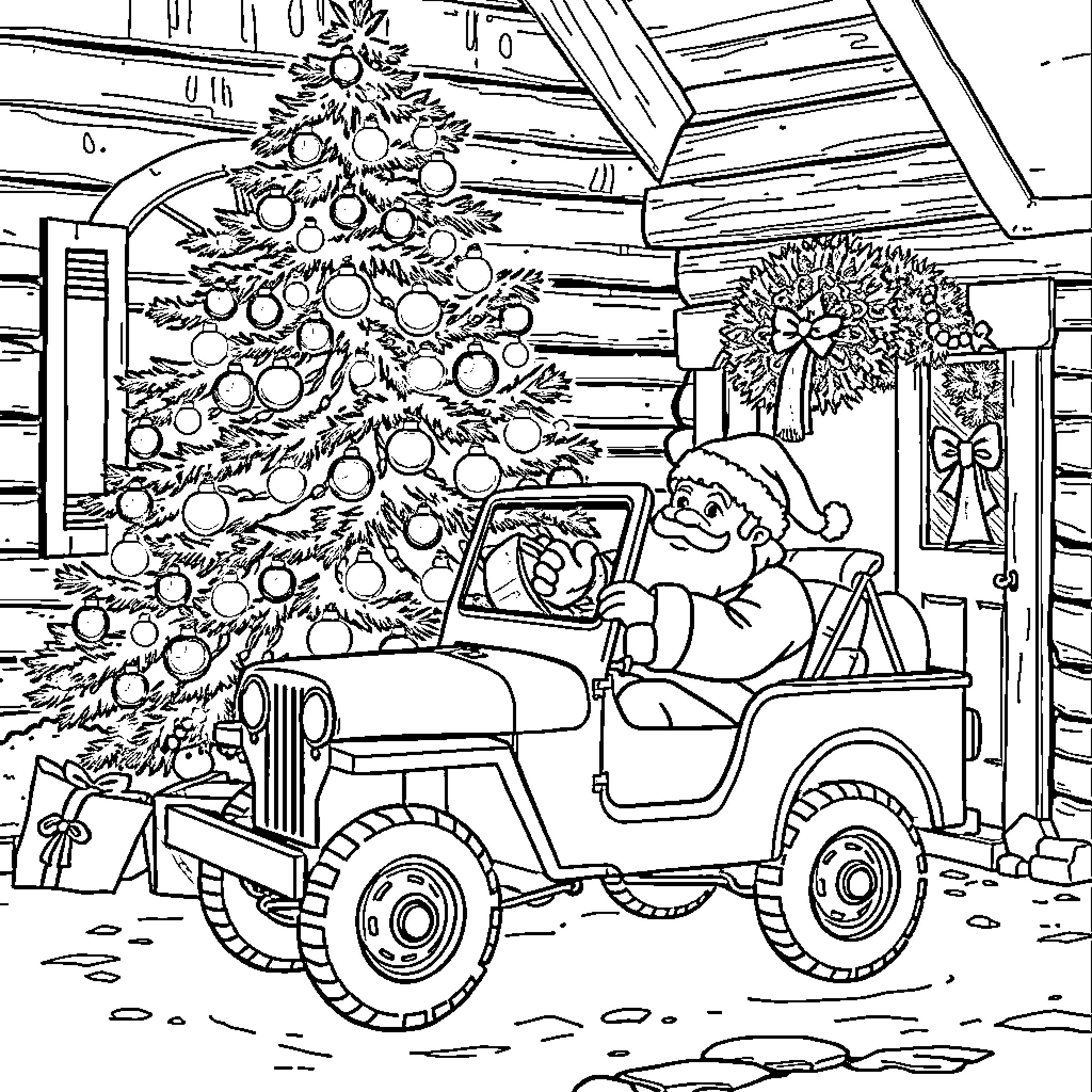 Christmas Tree Decorating and Jeep Adventure Coloring Page (free black-and-white line drawing printable PDF for all, from beginners to advanced learners, including children, teens, adults, and seniors)