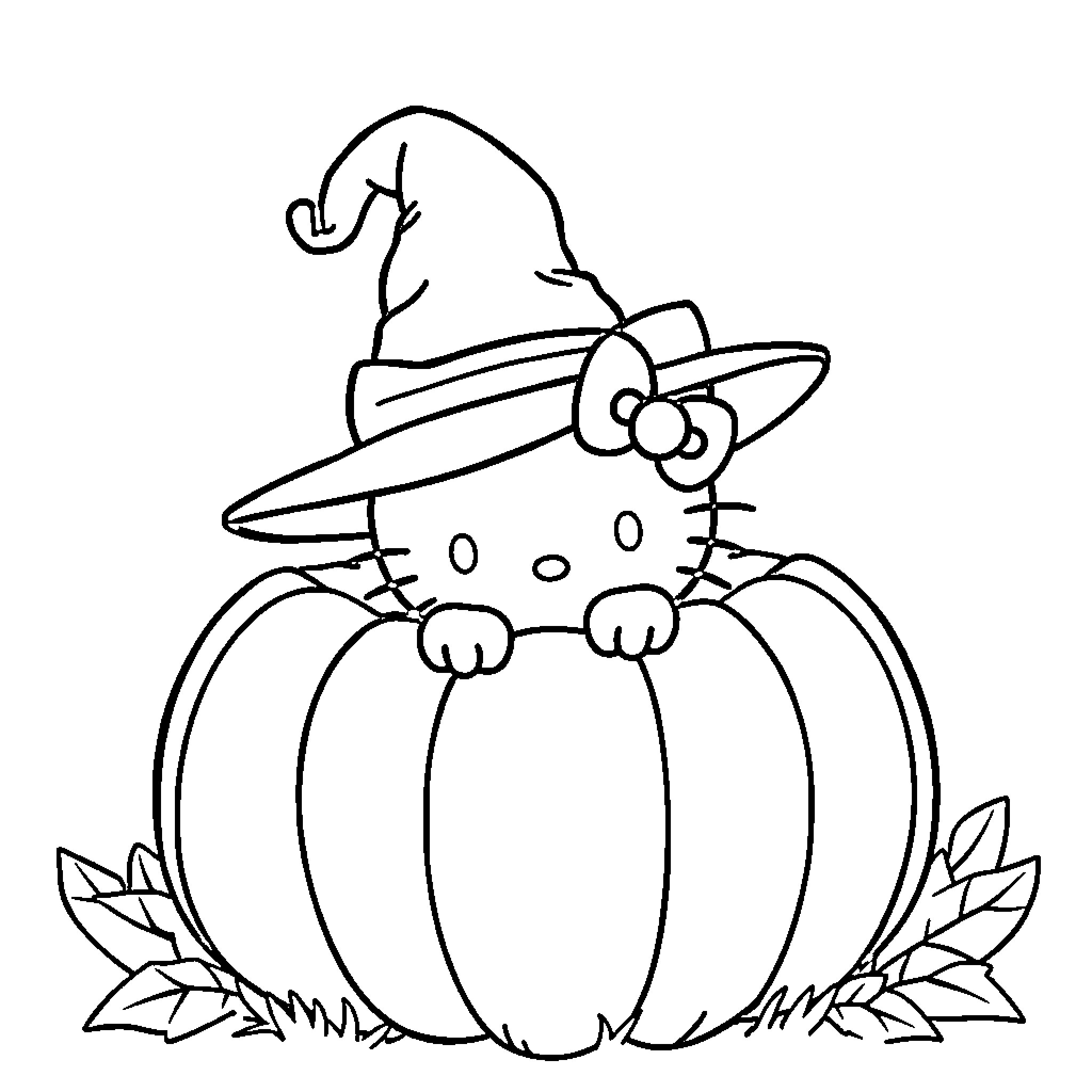 Hello Kitty dressed as a witch on a pumpkin Coloring Page (free black-and-white line drawing printable PDF for all, from beginners to advanced learners, including children, teens, adults, and seniors)
