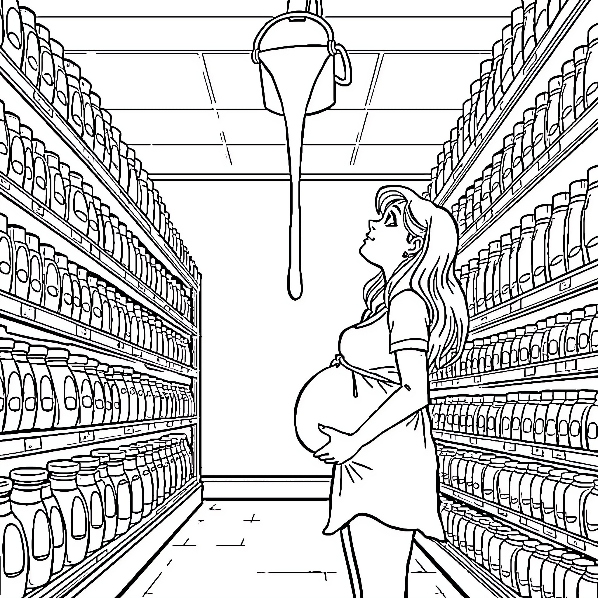 Lady Shopping in the Grocery Store Coloring Page (free black-and-white line drawing printable PDF for all, from beginners to advanced learners, including children, teens, adults, and seniors)